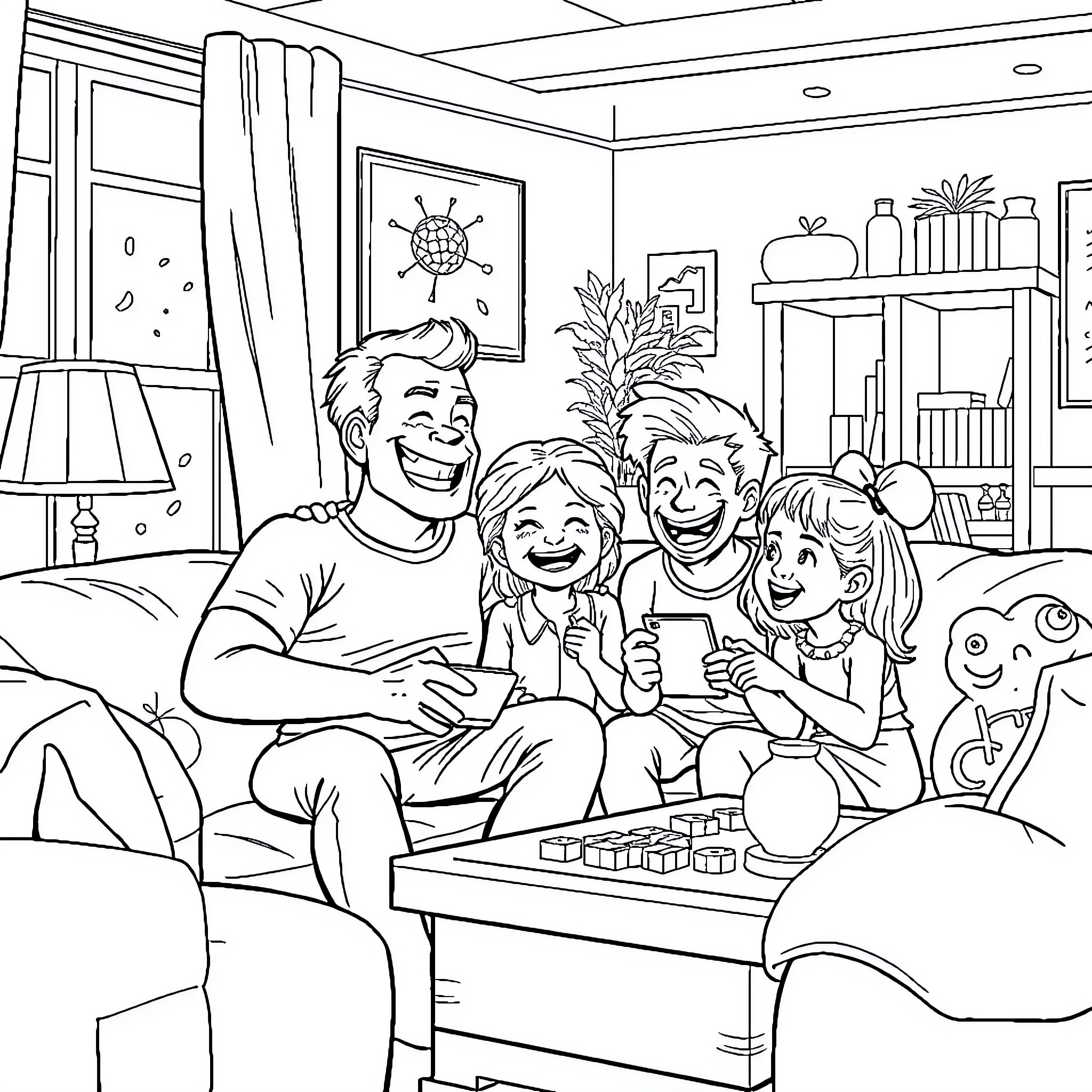 Michael Myers' family enjoys a cozy moment together Coloring Page (free black-and-white line drawing printable PDF for all, from beginners to advanced learners, including children, teens, adults, and seniors)