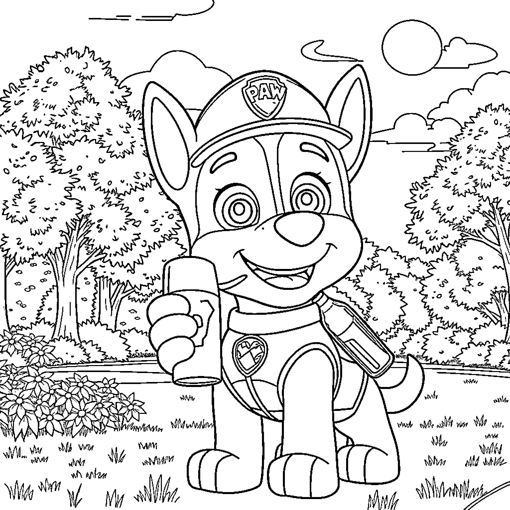 Chase the Pup's Outdoor Adventure Coloring Page (free black-and-white line drawing printable PDF for all, from beginners to advanced learners, including children, teens, adults, and seniors)