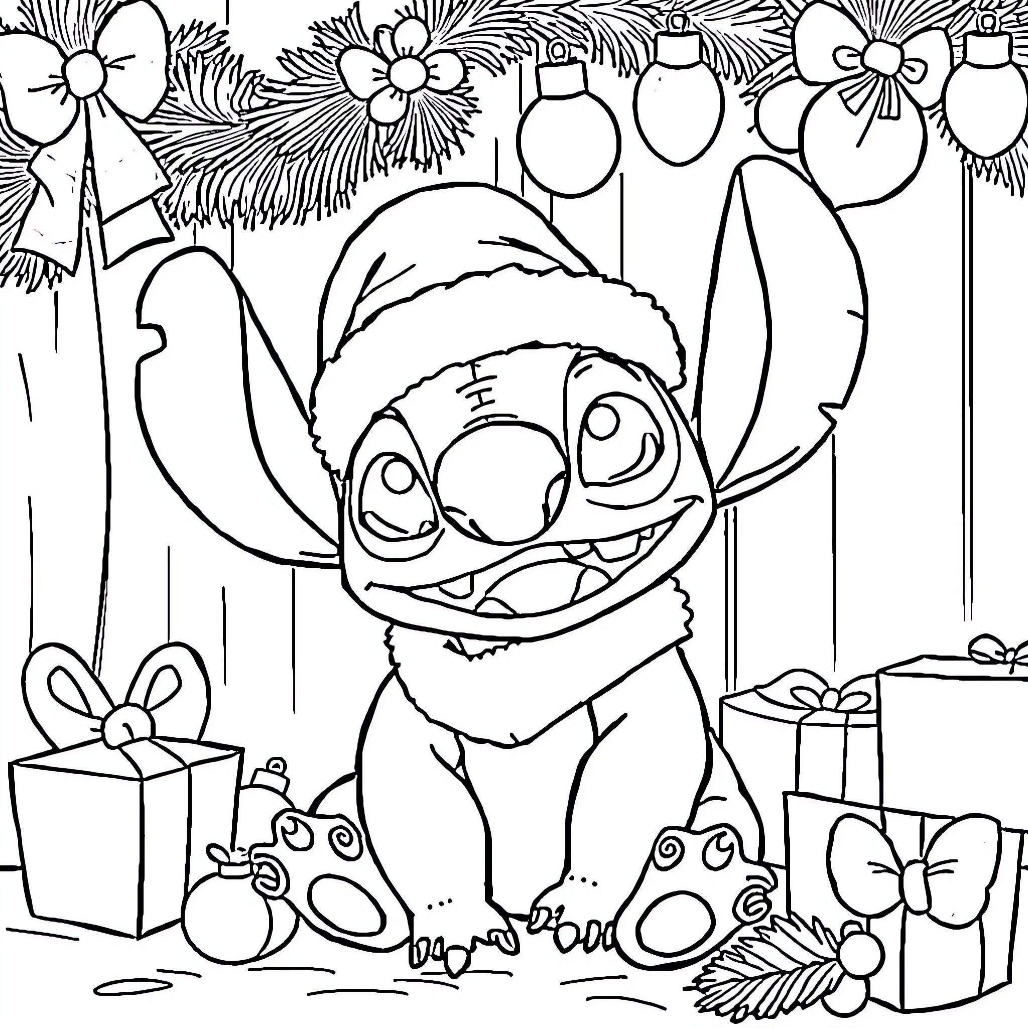 Stitch celebrates Christmas with ornaments and gifts Coloring Page (free black-and-white line drawing printable PDF for all, from beginners to advanced learners, including children, teens, adults, and seniors)