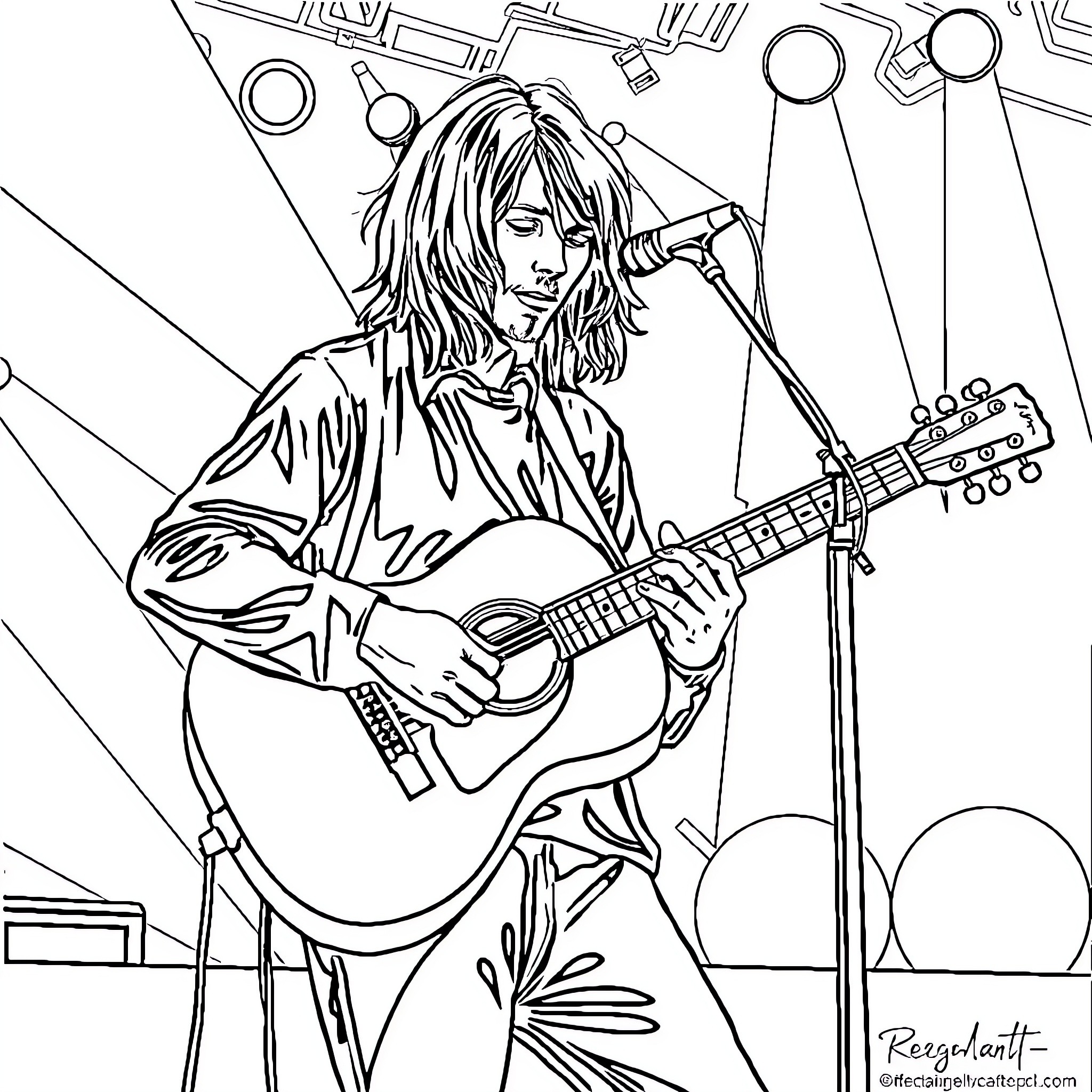 Kurt Cobain Performing on Stage with Guitar Coloring Page (free black-and-white line drawing printable PDF for all, from beginners to advanced learners, including children, teens, adults, and seniors)