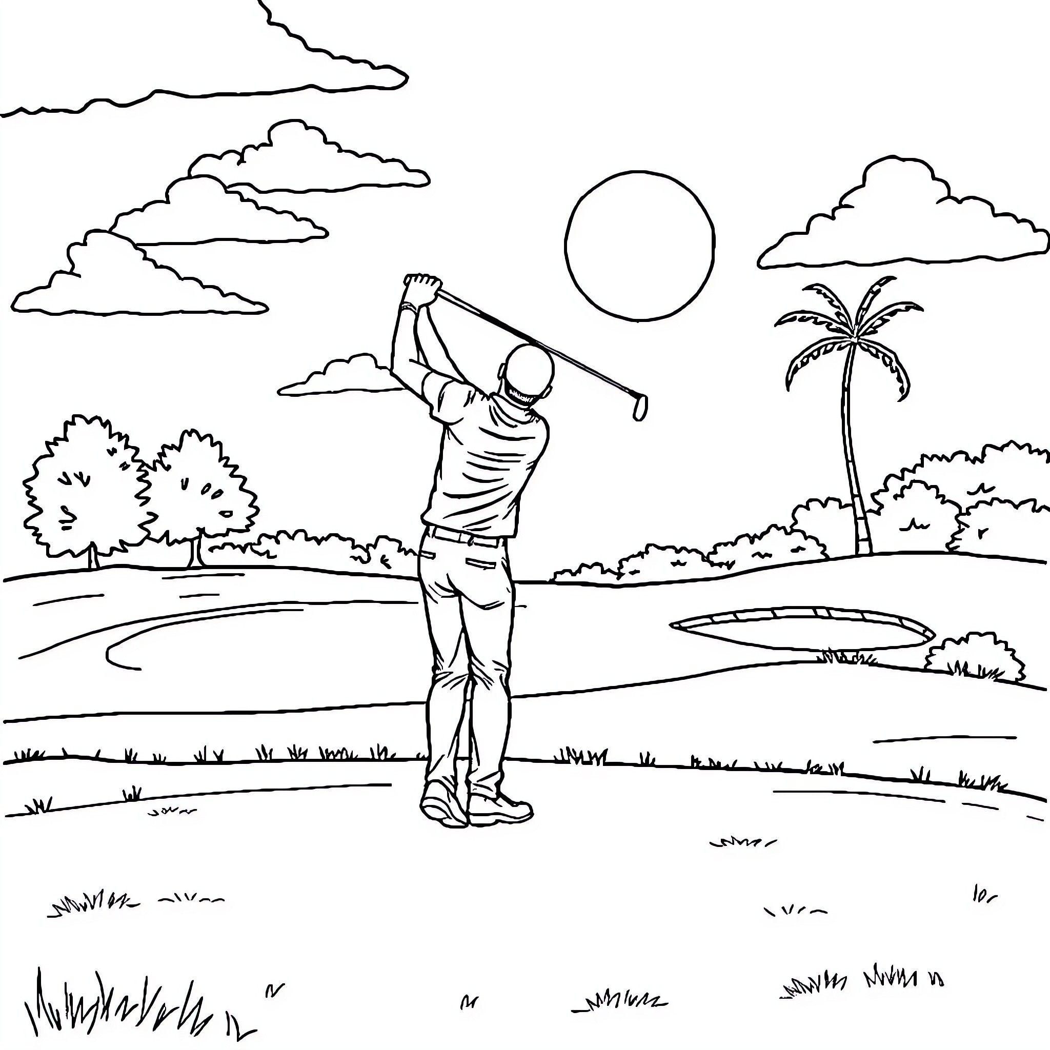 Man golfing on a sunny day Coloring Page (free black-and-white line drawing printable PDF for all, from beginners to advanced learners, including children, teens, adults, and seniors)