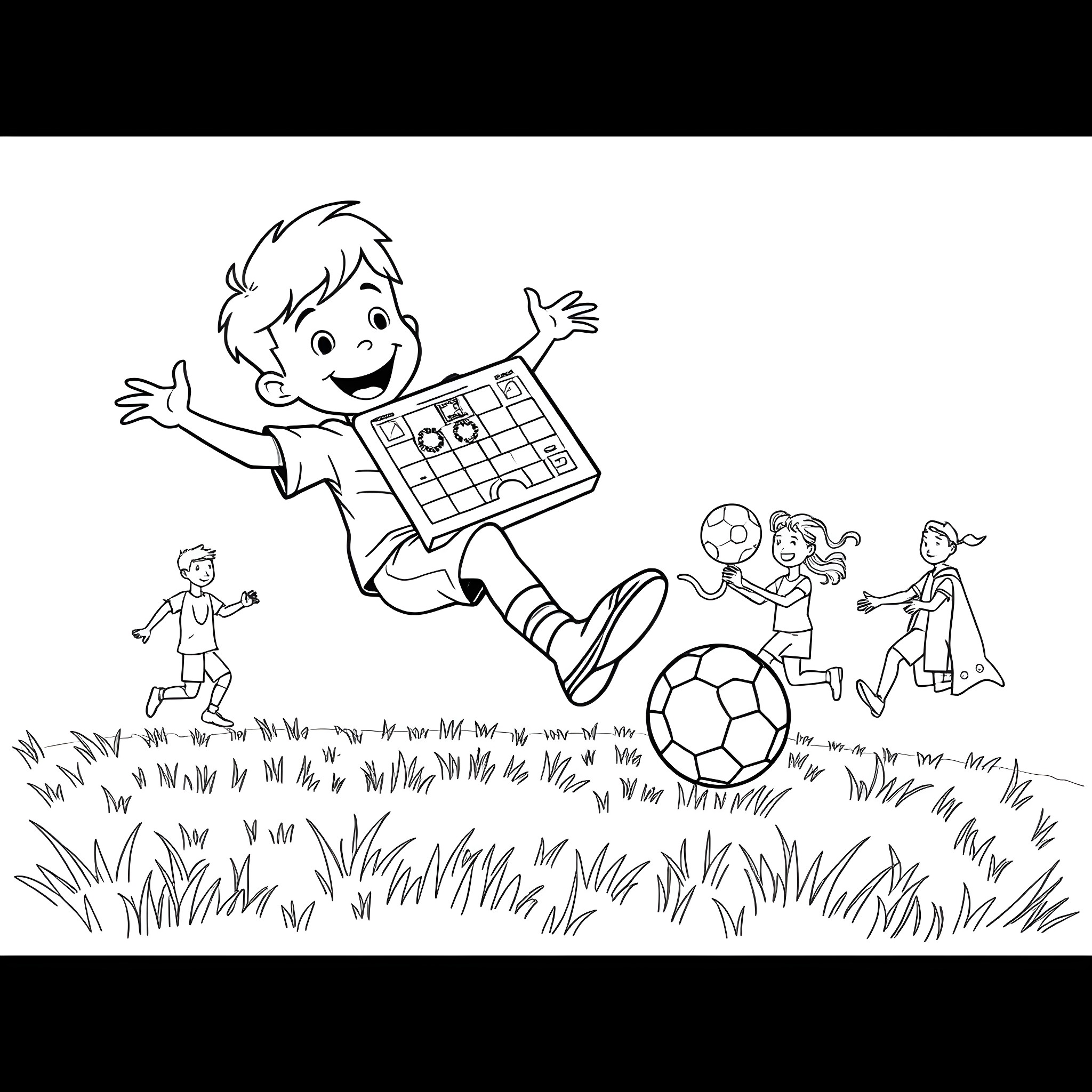 Boy playing with electronics outdoors with friends Coloring Page (free black-and-white line drawing printable PDF for all, from beginners to advanced learners, including children, teens, adults, and seniors)