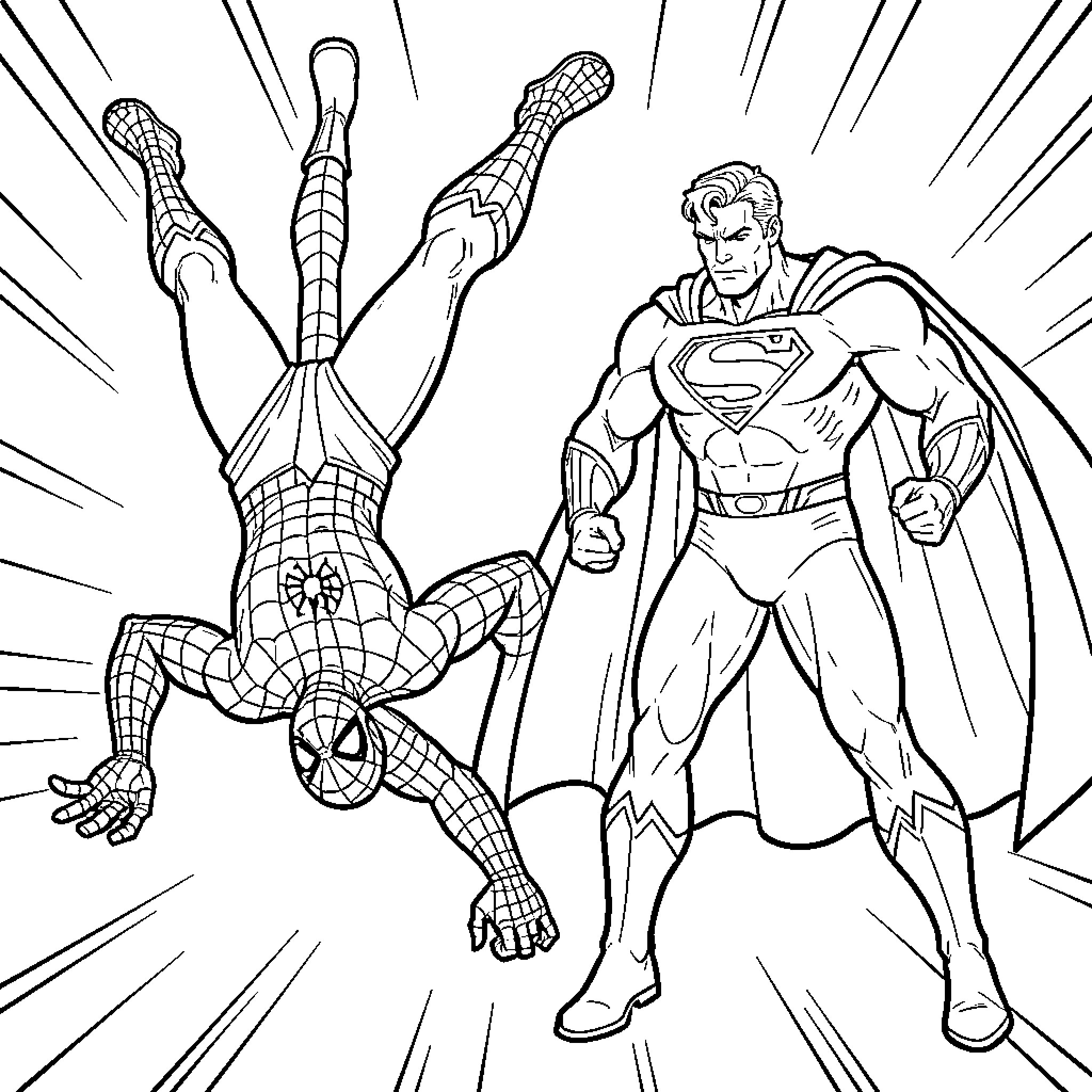 Spider-Man swinging alongside Superman in an action scene Coloring Page (free black-and-white line drawing printable PDF for all, from beginners to advanced learners, including children, teens, adults, and seniors)
