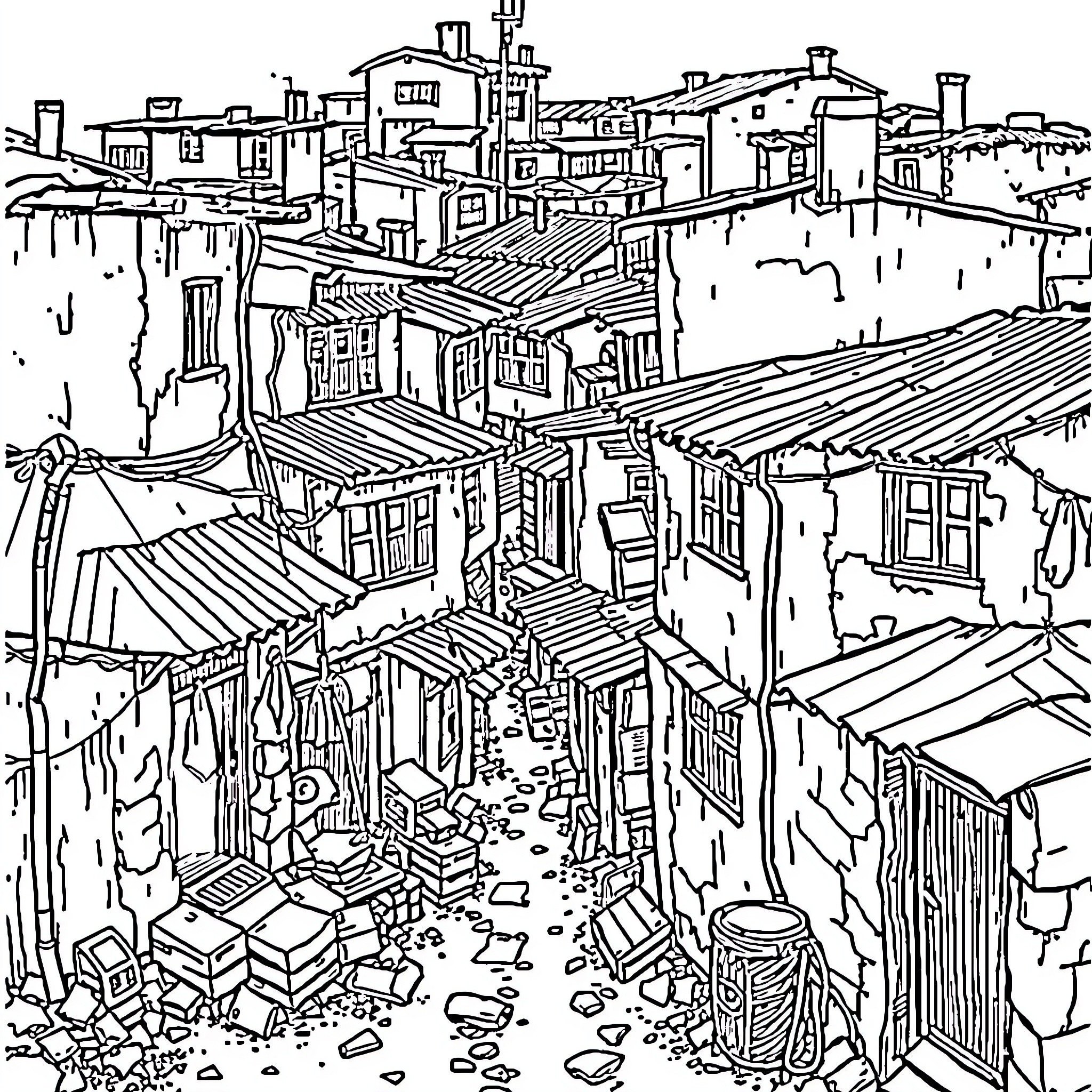 Housing Complex with Intricate Architecture and Details Coloring Page (free black-and-white line drawing printable PDF for all, from beginners to advanced learners, including children, teens, adults, and seniors)