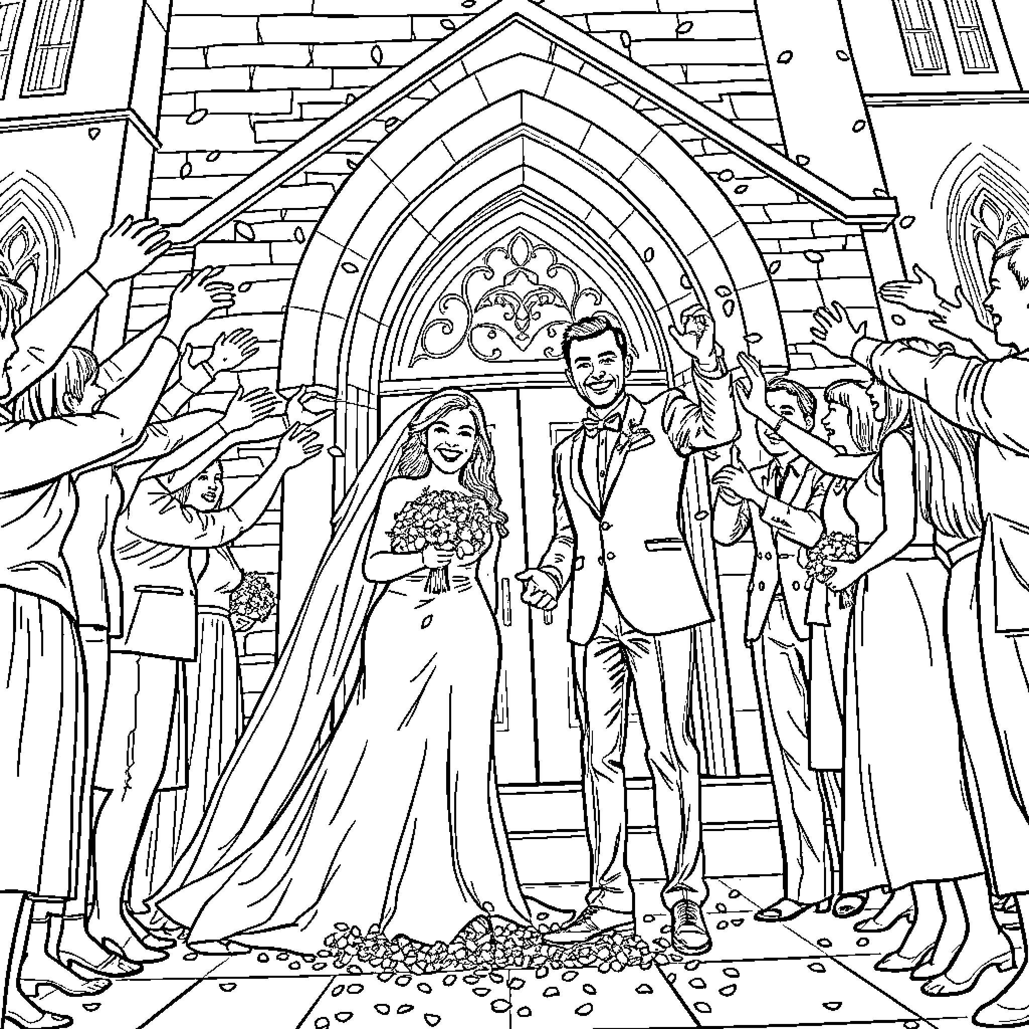 Wedding ceremony in church with guests Coloring Page (free black-and-white line drawing printable PDF for all, from beginners to advanced learners, including children, teens, adults, and seniors)