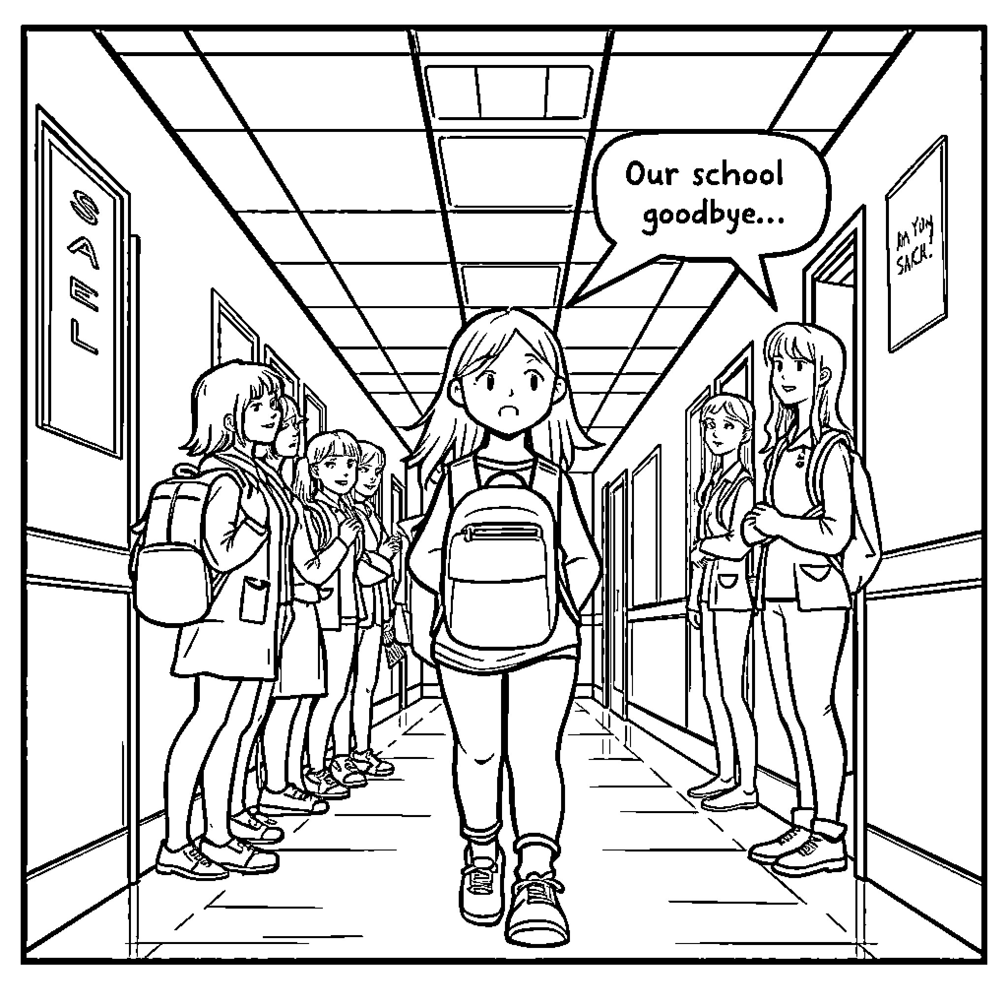 Araya's Farewell at the School Hallway Coloring Page (free black-and-white line drawing printable PDF for all, from beginners to advanced learners, including children, teens, adults, and seniors)