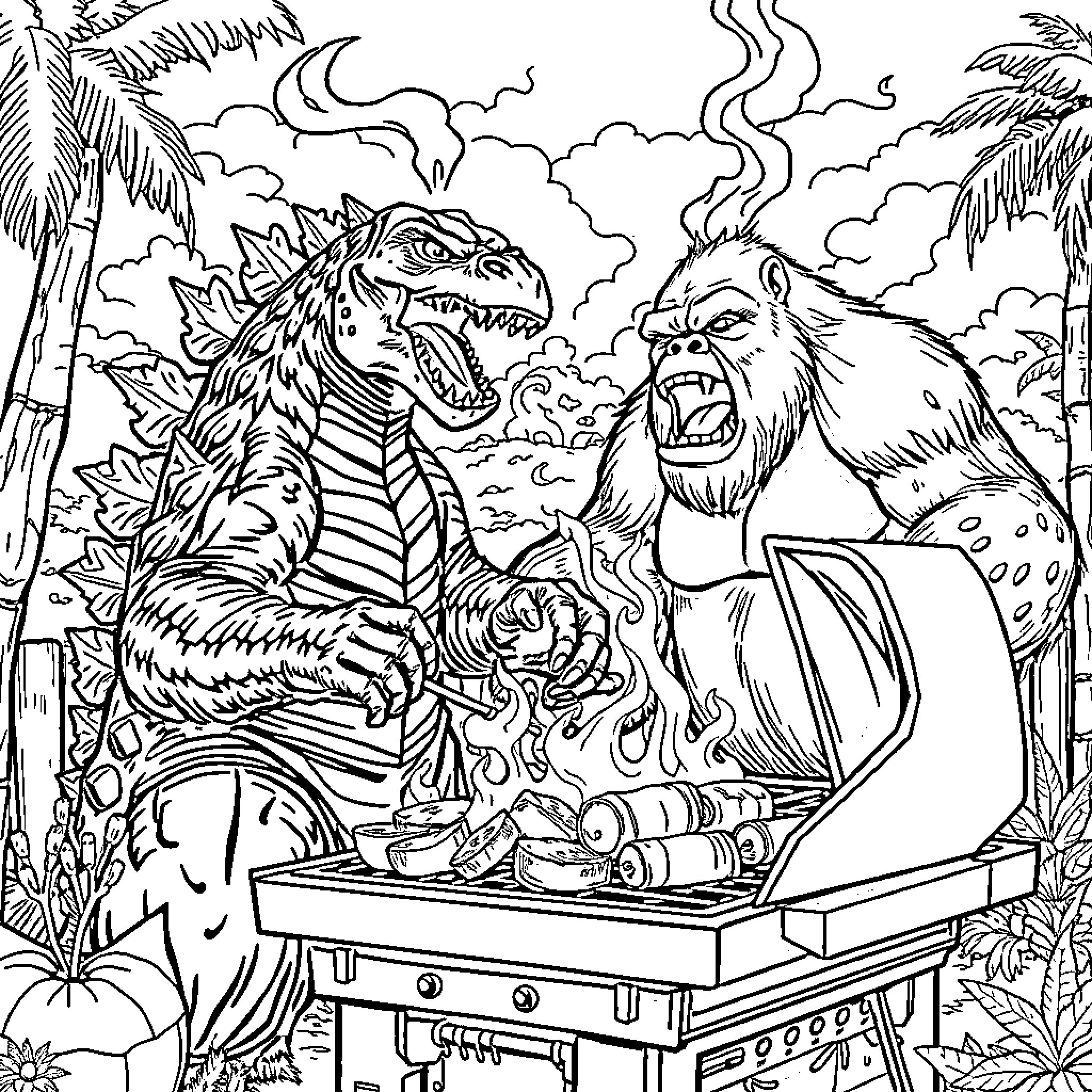 Godzilla battling a fierce creature in the wild Coloring Page (free black-and-white line drawing printable PDF for all, from beginners to advanced learners, including children, teens, adults, and seniors)