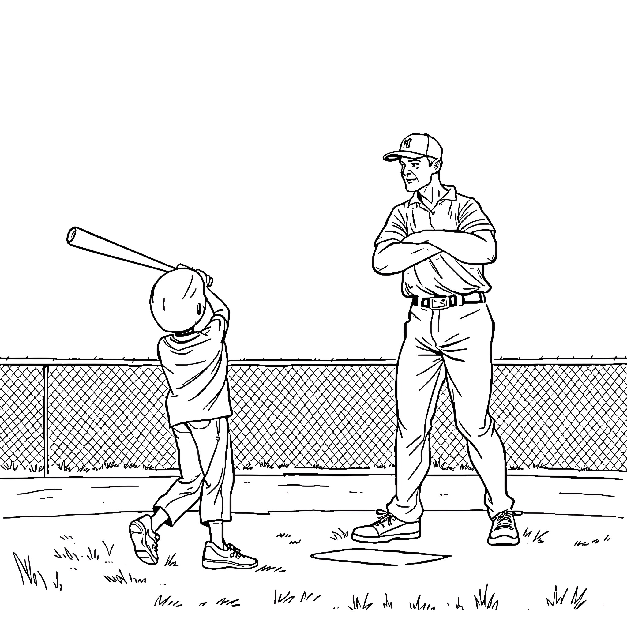 Man coaching young baseball player on field Coloring Page (free black-and-white line drawing printable PDF for all, from beginners to advanced learners, including children, teens, adults, and seniors)