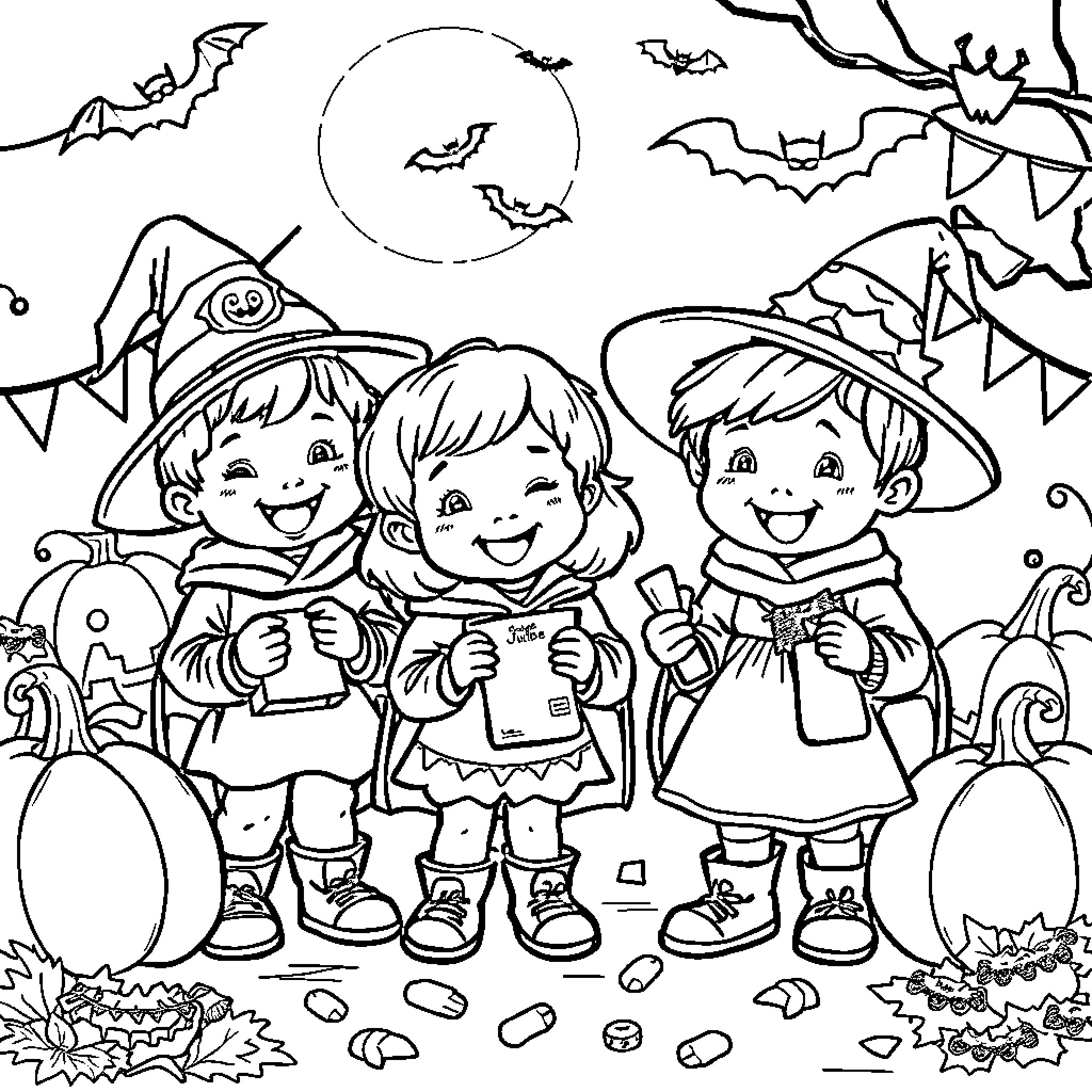 Toddlers Trick-or-Treating in Halloween Costumes Coloring Page (free black-and-white line drawing printable PDF for all, from beginners to advanced learners, including children, teens, adults, and seniors)