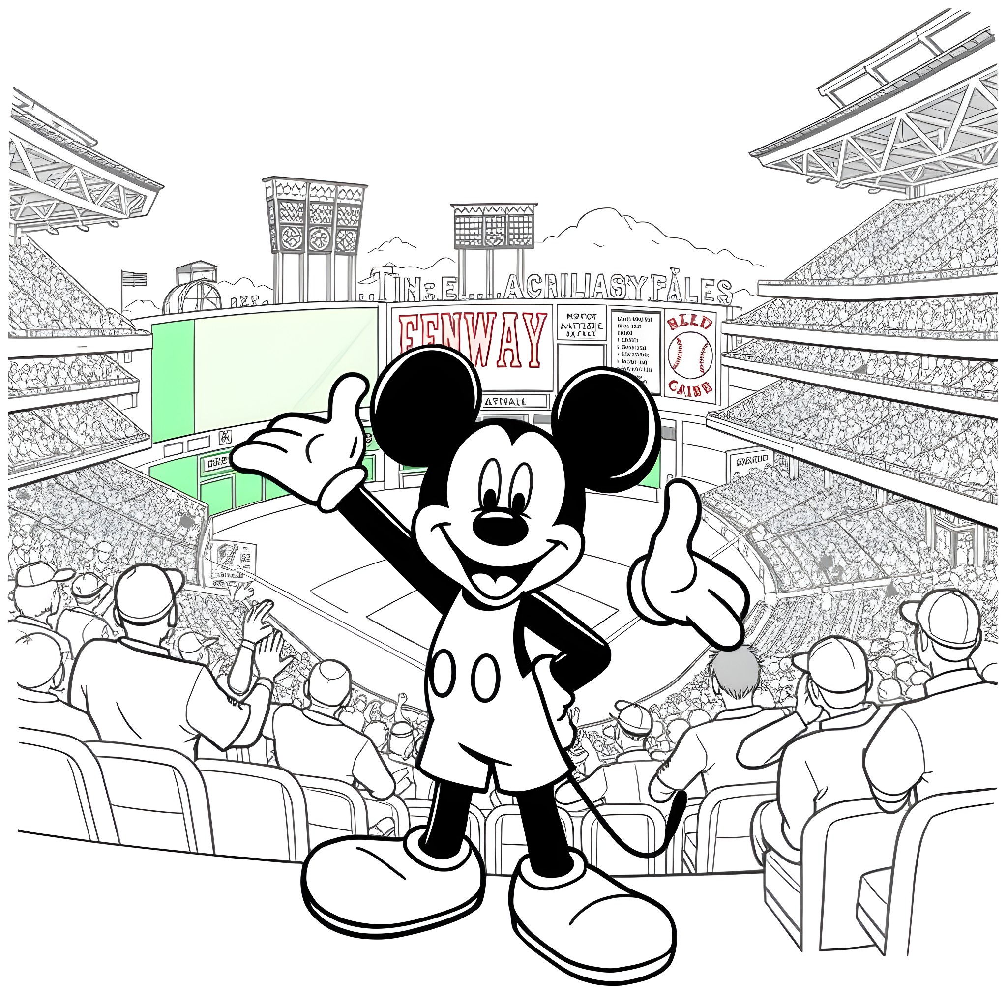 Mickey Mouse waving and entertaining the crowd at a baseball stadium Coloring Page (free black-and-white line drawing printable PDF for all, from beginners to advanced learners, including children, teens, adults, and seniors)