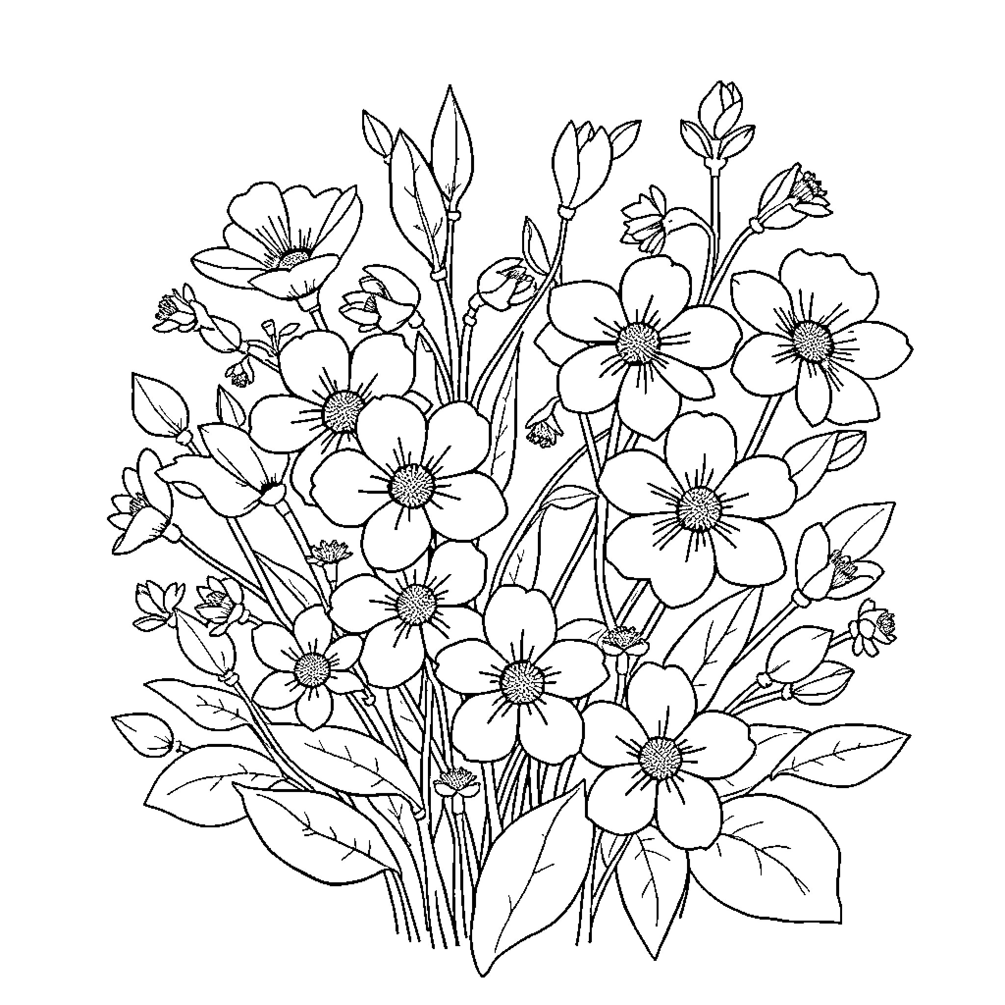 Spring flowers blooming in nature Coloring Page (free black-and-white line drawing printable PDF for all, from beginners to advanced learners, including children, teens, adults, and seniors)