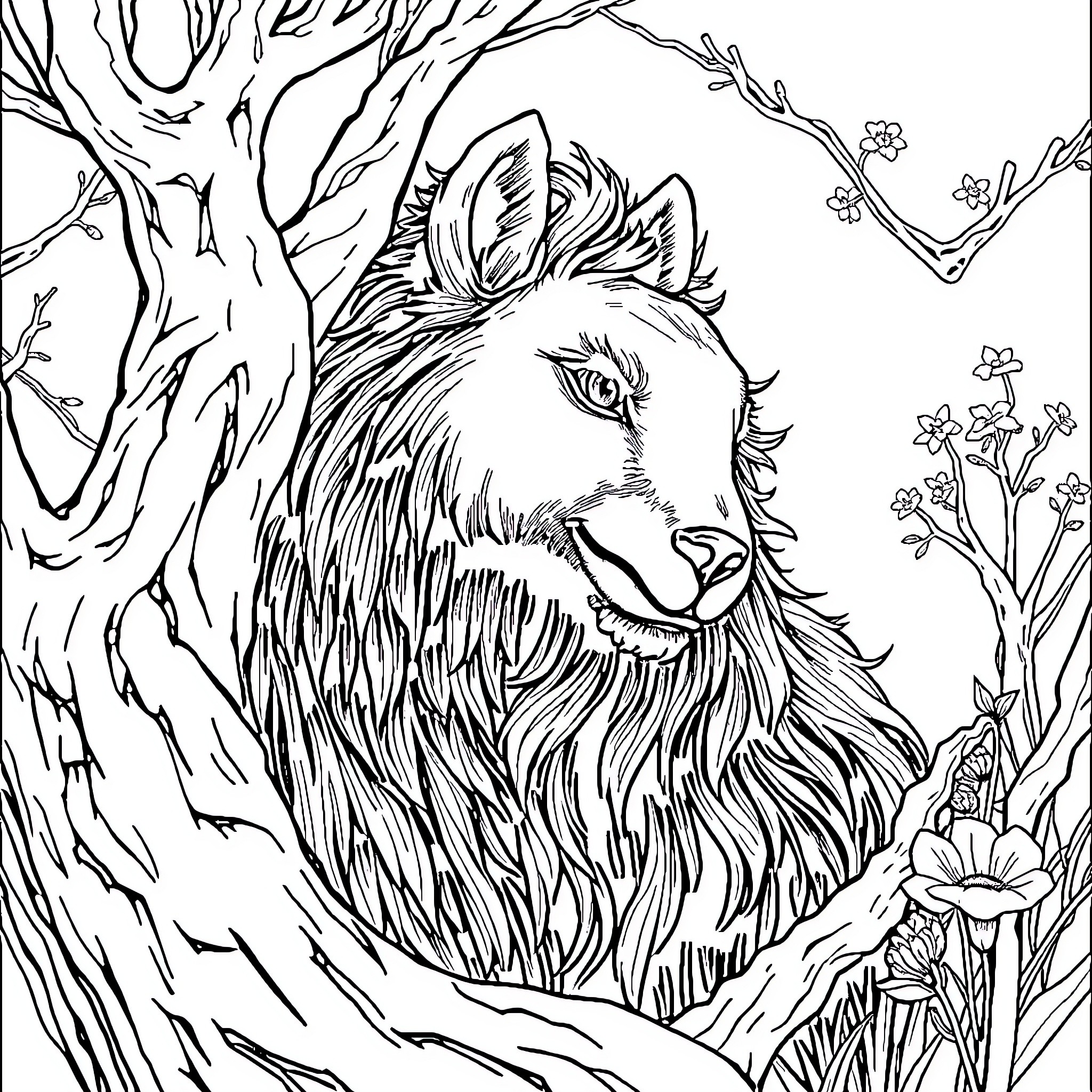 Nimber wolf gazing through the enchanted forest Coloring Page (free black-and-white line drawing printable PDF for all, from beginners to advanced learners, including children, teens, adults, and seniors)