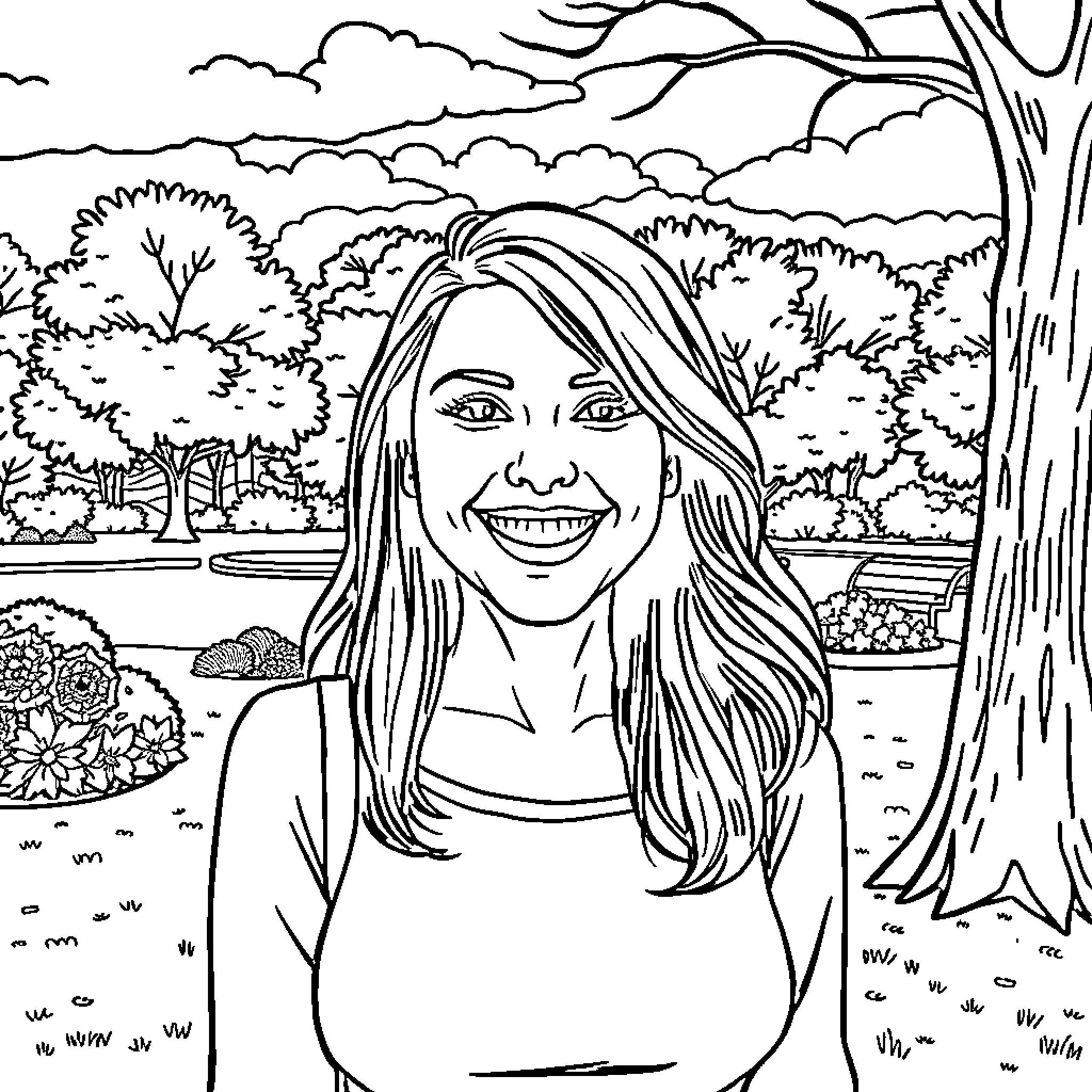 Melanie's Joyful Moment in the Park Coloring Page (free black-and-white line drawing printable PDF for all, from beginners to advanced learners, including children, teens, adults, and seniors)