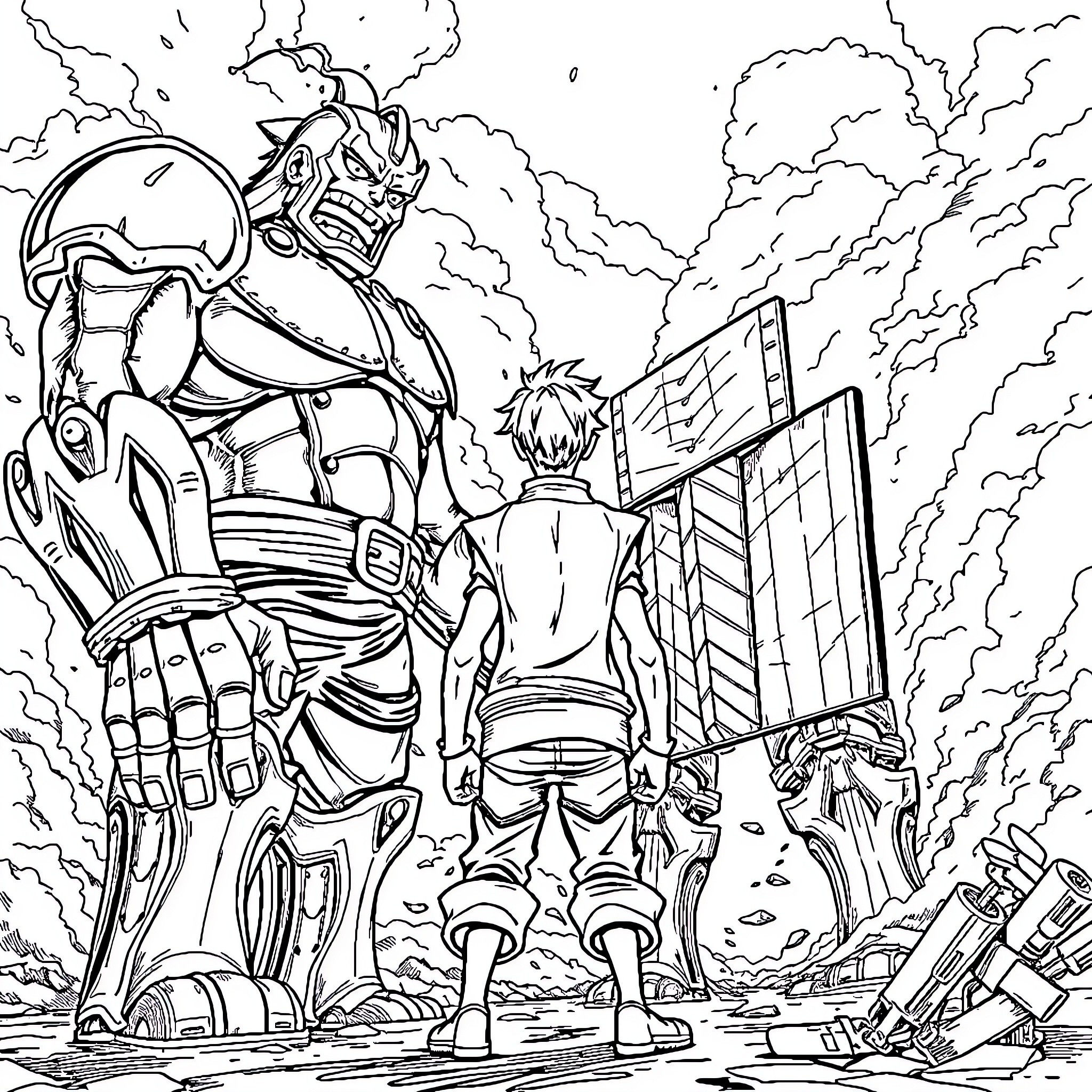 Luffy confronts a towering mech in the midst of destruction Coloring Page (free black-and-white line drawing printable PDF for all, from beginners to advanced learners, including children, teens, adults, and seniors)