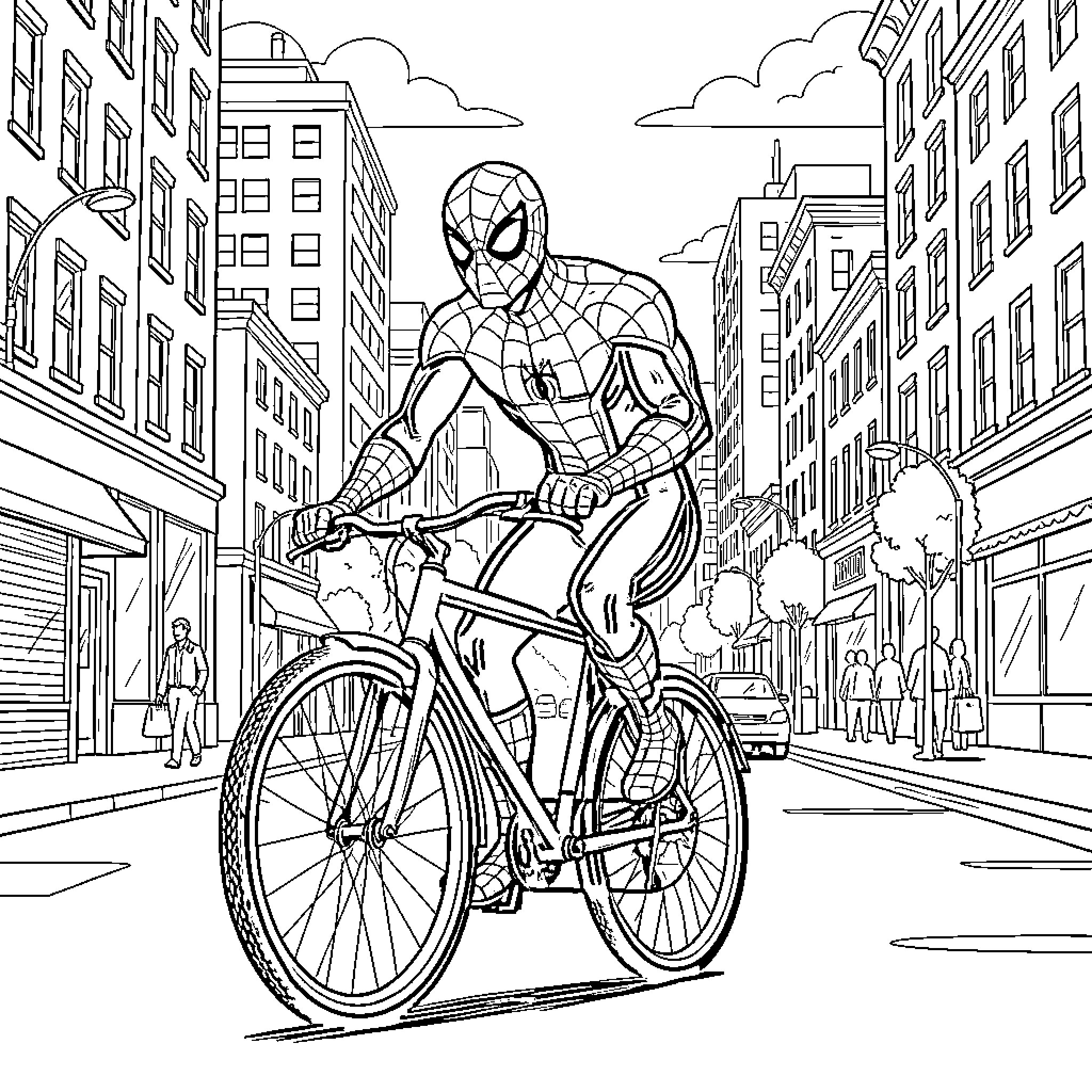 Spiderman riding a bicycle through a city street Coloring Page (free black-and-white line drawing printable PDF for all, from beginners to advanced learners, including children, teens, adults, and seniors)