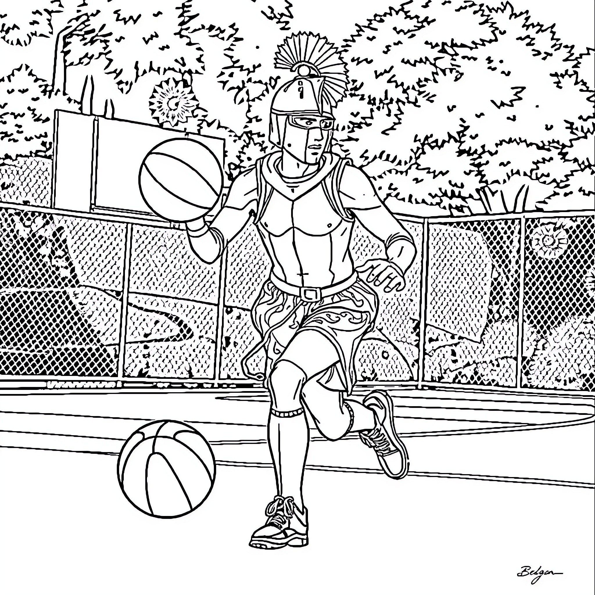Knight playing basketball on the court Coloring Page (free black-and-white line drawing printable PDF for all, from beginners to advanced learners, including children, teens, adults, and seniors)
