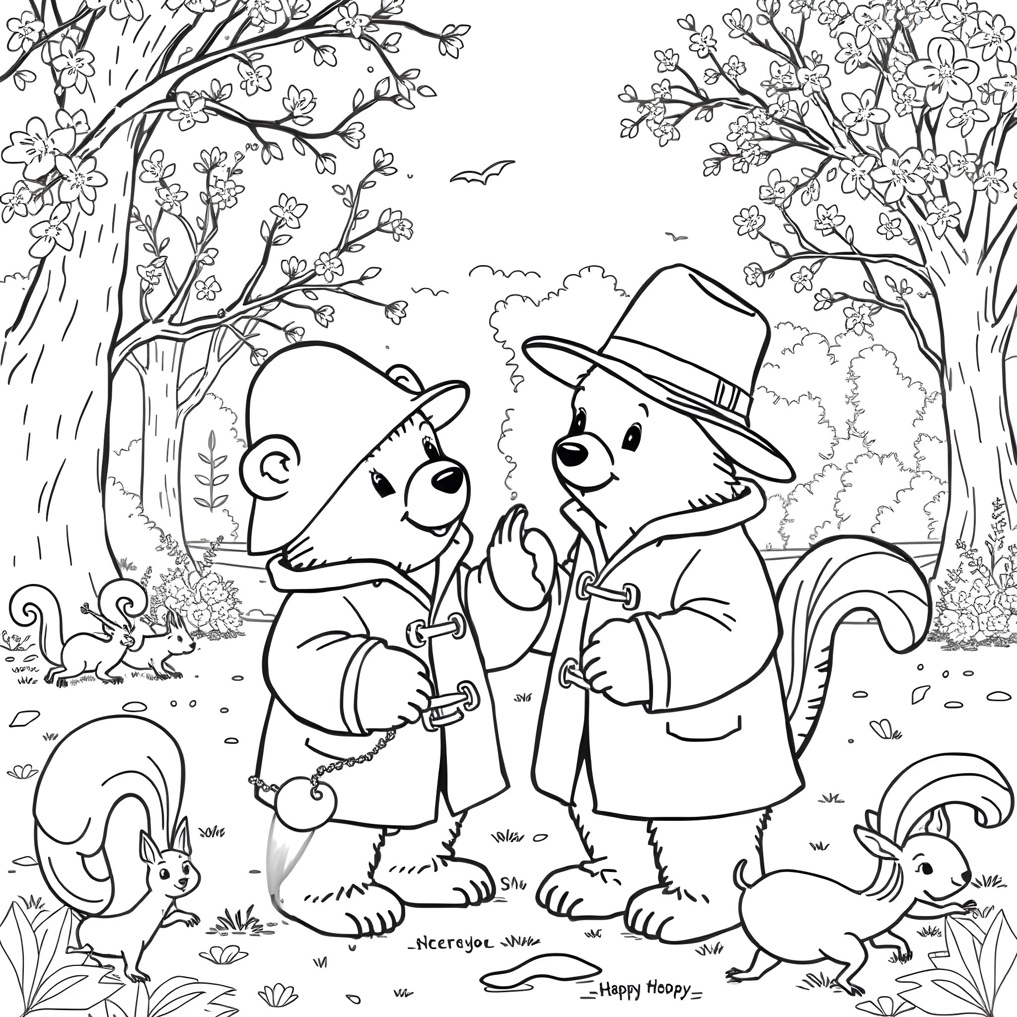 Paddington Bears explore the scenic forest with animals Coloring Page (free black-and-white line drawing printable PDF for all, from beginners to advanced learners, including children, teens, adults, and seniors)