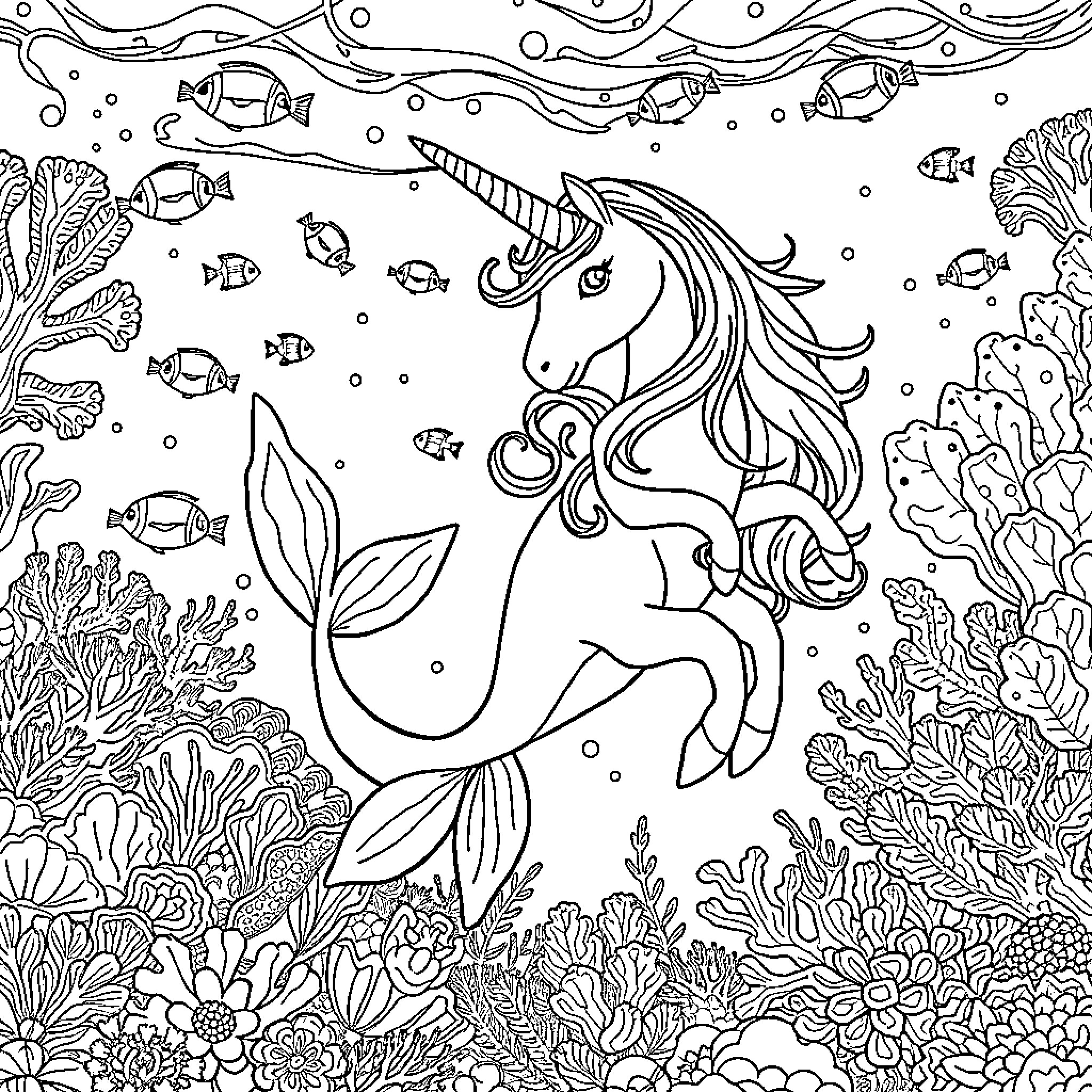Unicorn Mermaid Swimming Amongst Marine Life Coloring Page (free black-and-white line drawing printable PDF for all, from beginners to advanced learners, including children, teens, adults, and seniors)