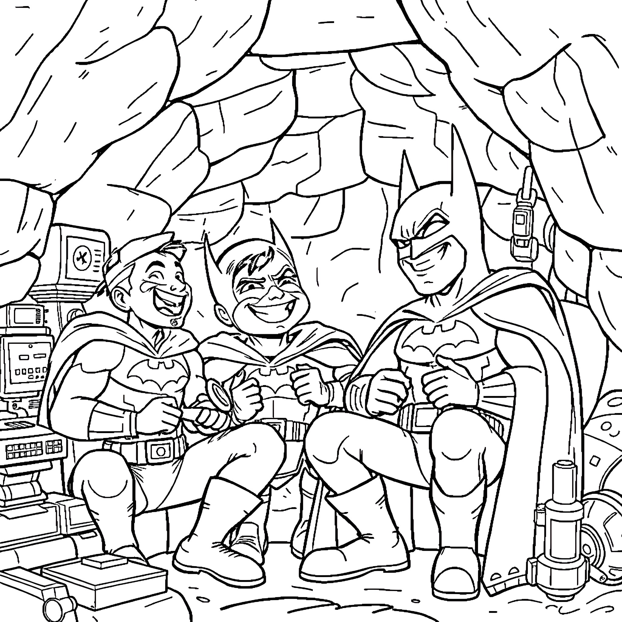 Batman and Sidekicks Confront Adversaries in Heroic Scene Coloring Page (free black-and-white line drawing printable PDF for all, from beginners to advanced learners, including children, teens, adults, and seniors)