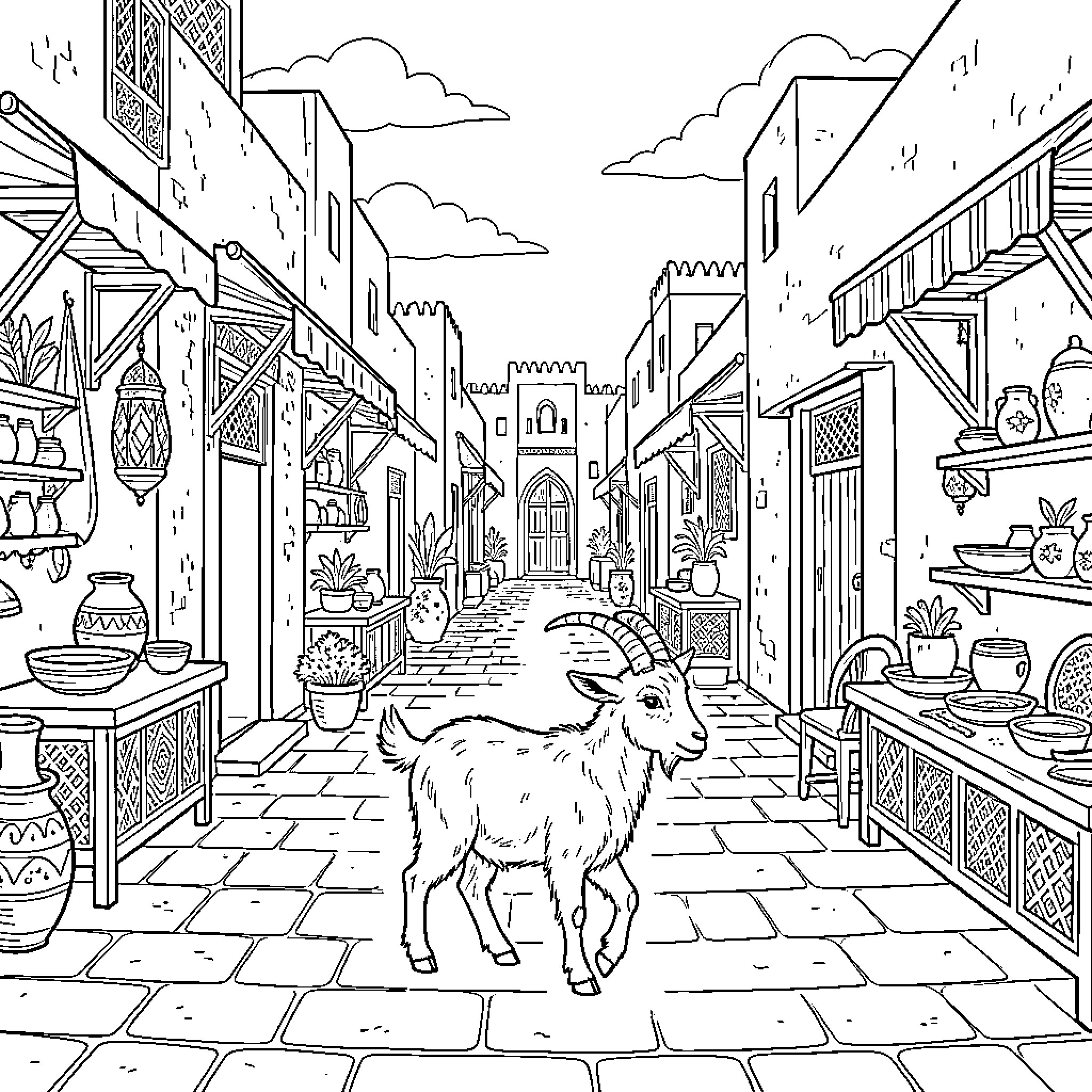 Biche goat walking through a narrow village street Coloring Page (free black-and-white line drawing printable PDF for all, from beginners to advanced learners, including children, teens, adults, and seniors)