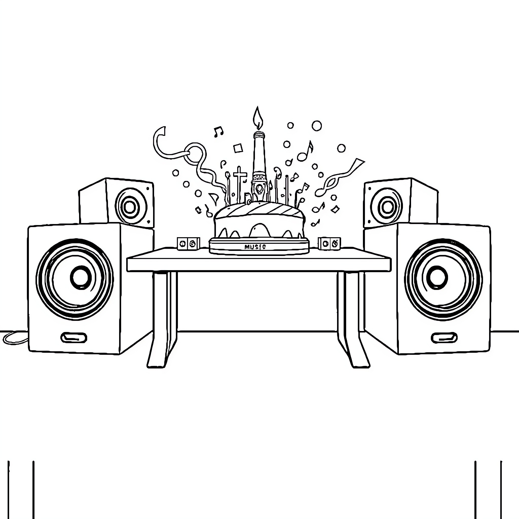 Sound Mixer at a Party with Music and Speakers Coloring Page (free black-and-white line drawing printable PDF for all, from beginners to advanced learners, including children, teens, adults, and seniors)
