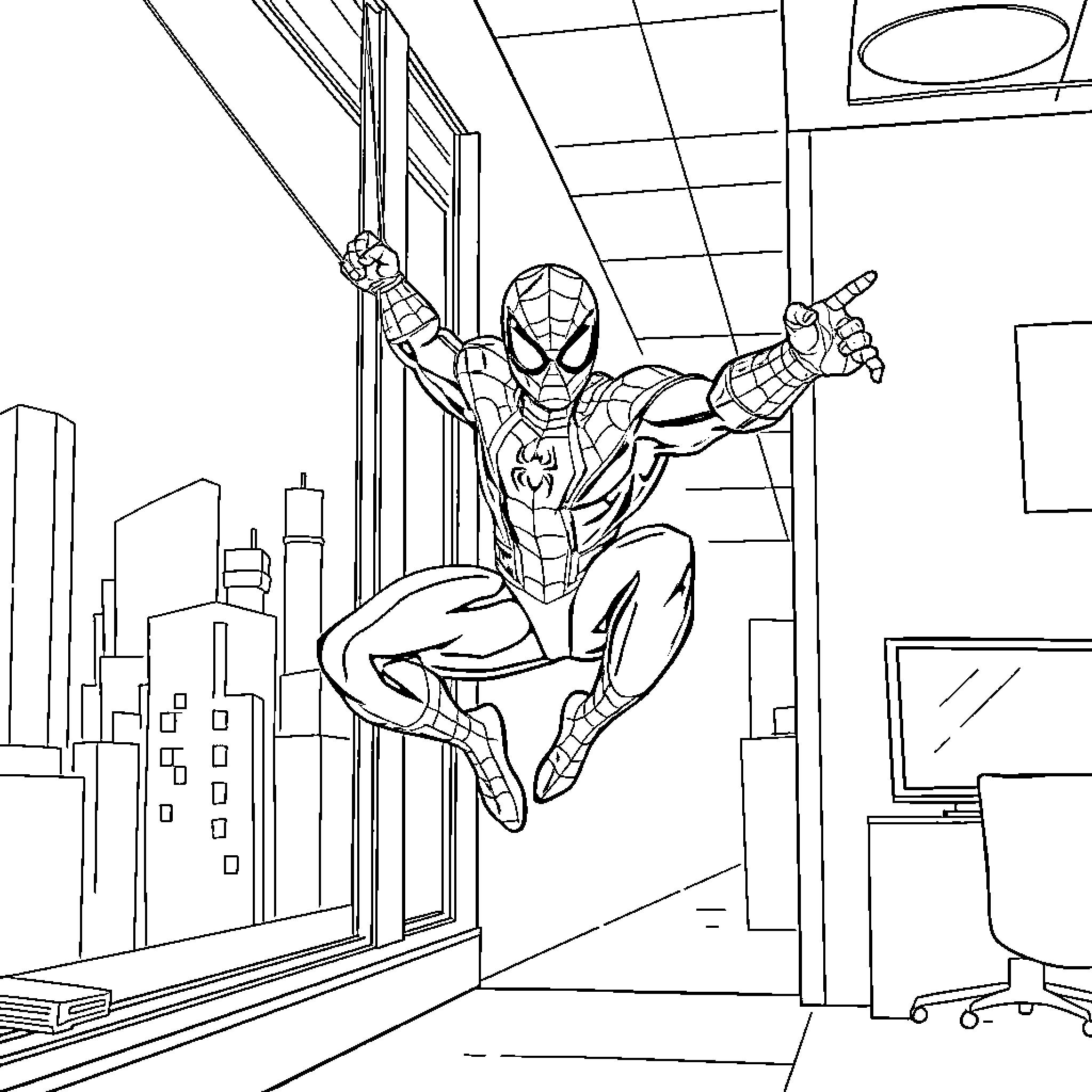 Spiderman swinging through the city Coloring Page (free black-and-white line drawing printable PDF for all, from beginners to advanced learners, including children, teens, adults, and seniors)