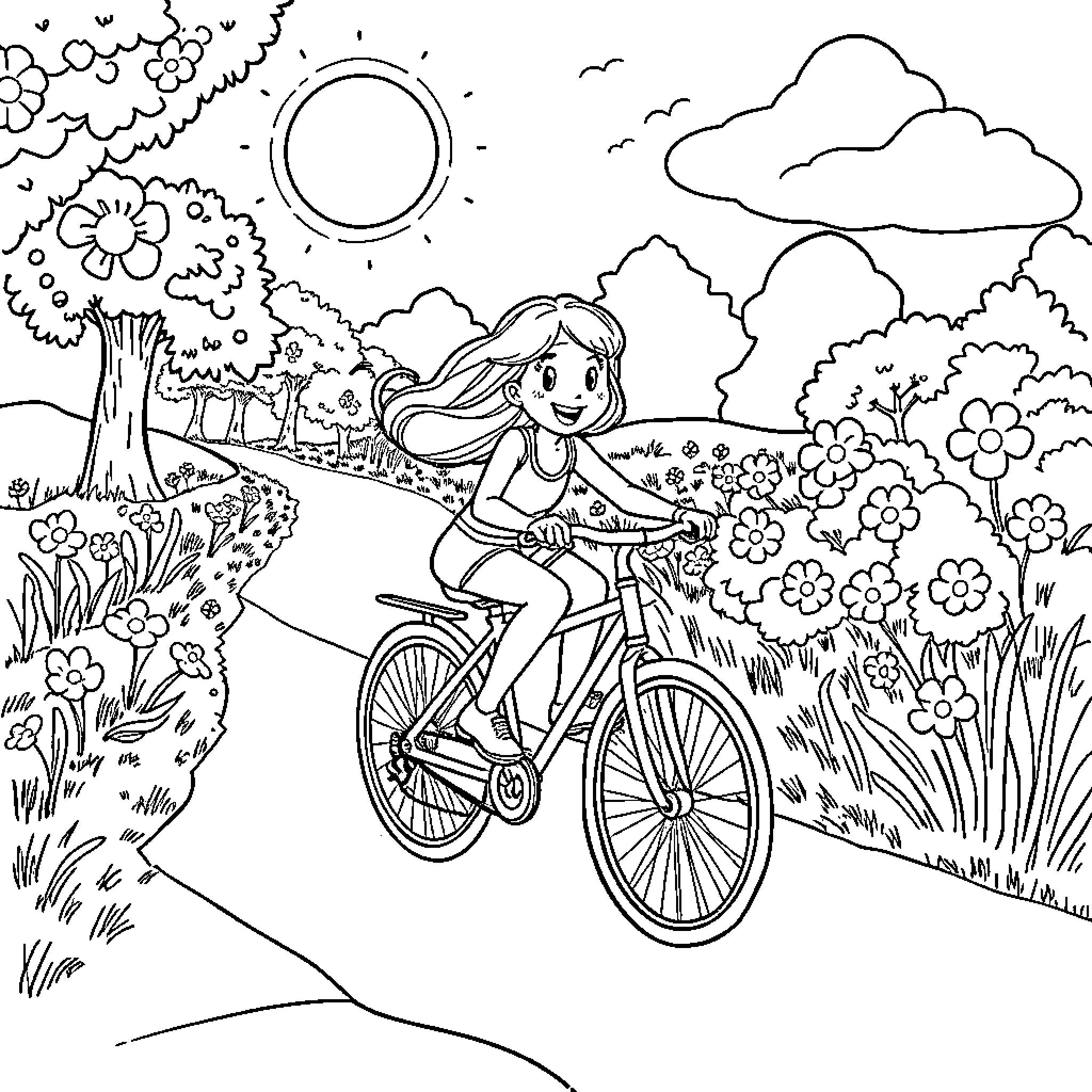 Bicycle ride through scenic garden landscape Coloring Page (free black-and-white line drawing printable PDF for all, from beginners to advanced learners, including children, teens, adults, and seniors)
