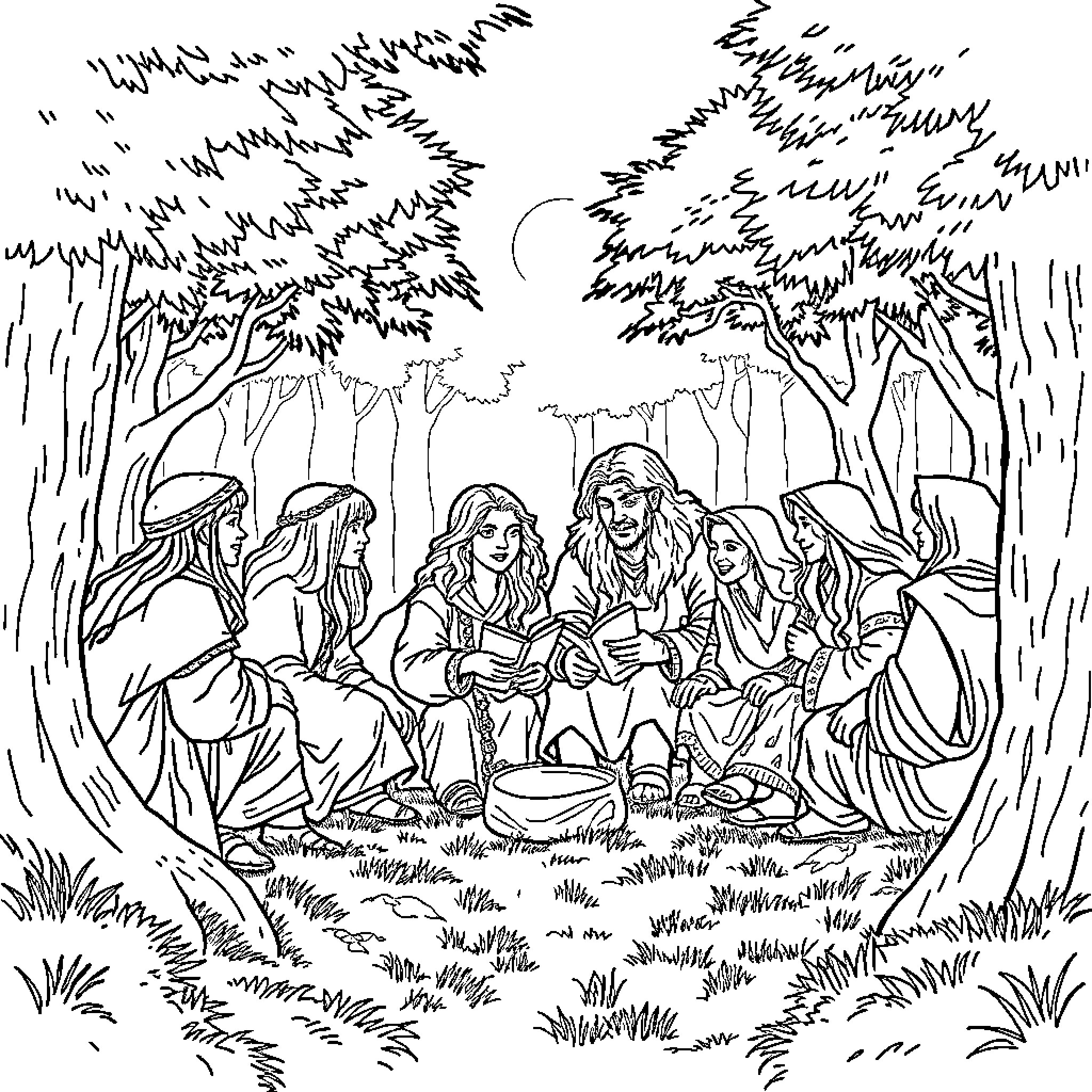 Lord of the Rings characters gathered in a forest setting Coloring Page (free black-and-white line drawing printable PDF for all, from beginners to advanced learners, including children, teens, adults, and seniors)