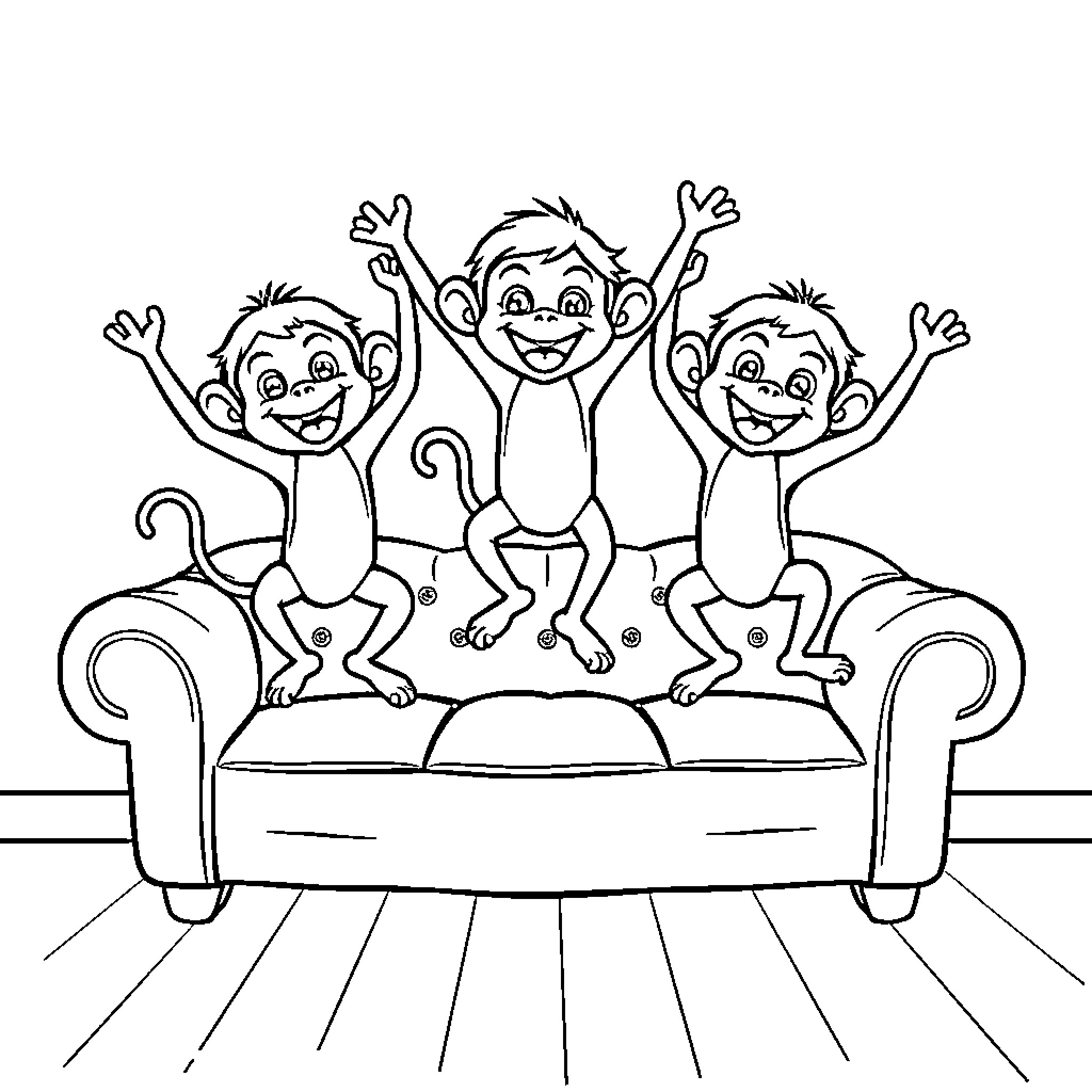 Monkey trio celebrating enthusiastically on couch Coloring Page (free black-and-white line drawing printable PDF for all, from beginners to advanced learners, including children, teens, adults, and seniors)