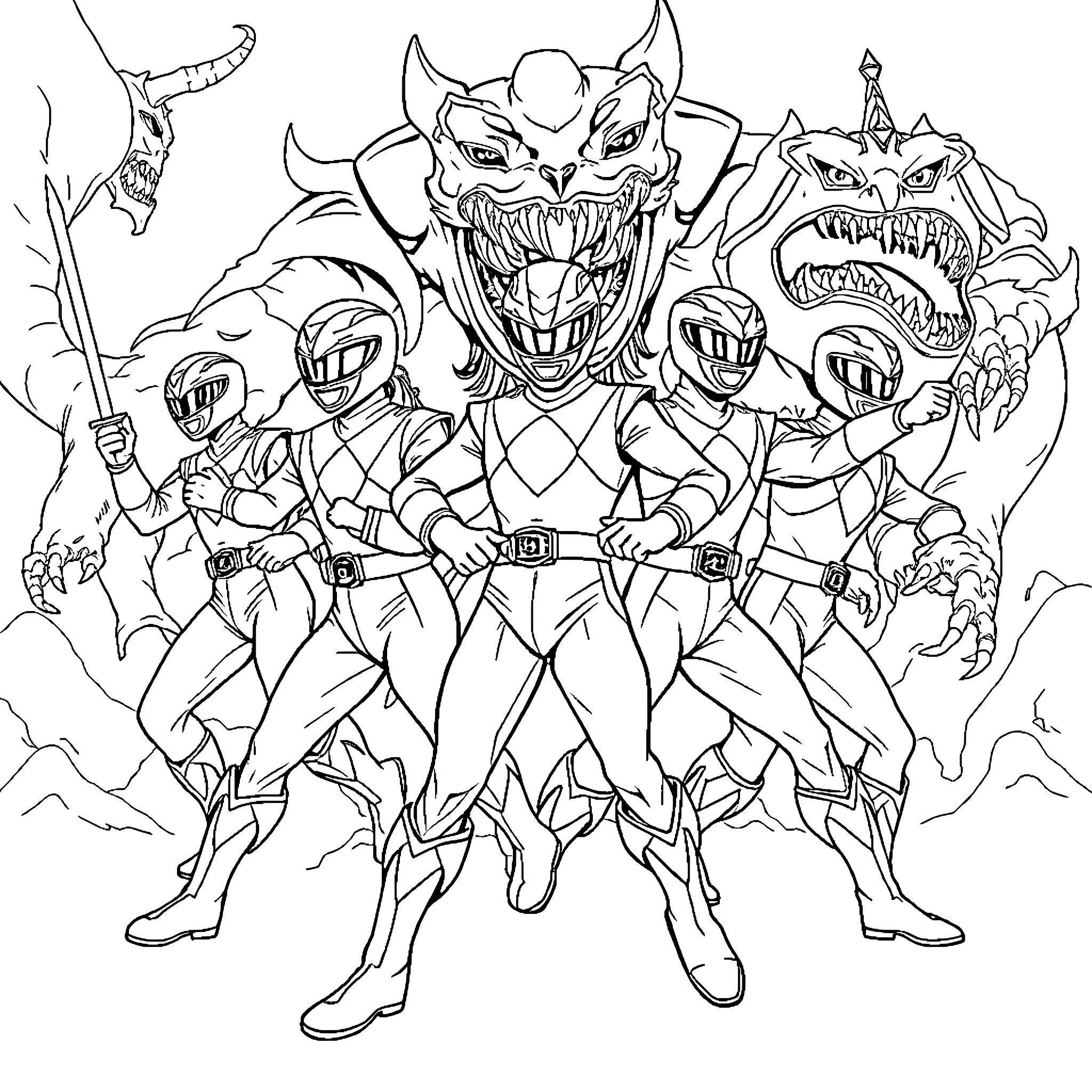 Power Rangers battling a monstrous villain Coloring Page (free black-and-white line drawing printable PDF for all, from beginners to advanced learners, including children, teens, adults, and seniors)