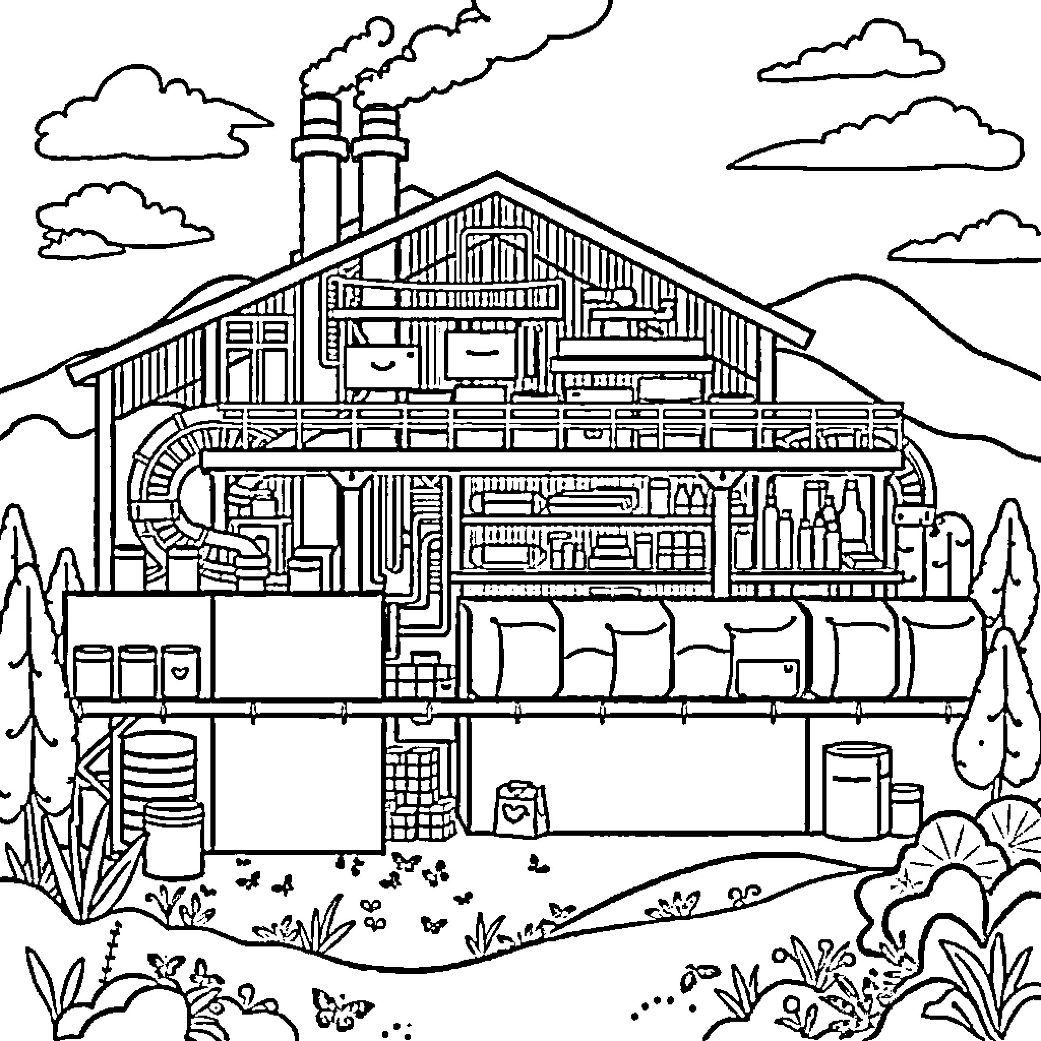 Factory Workers Laboring in Industrial Complex Coloring Page (free black-and-white line drawing printable PDF for all, from beginners to advanced learners, including children, teens, adults, and seniors)