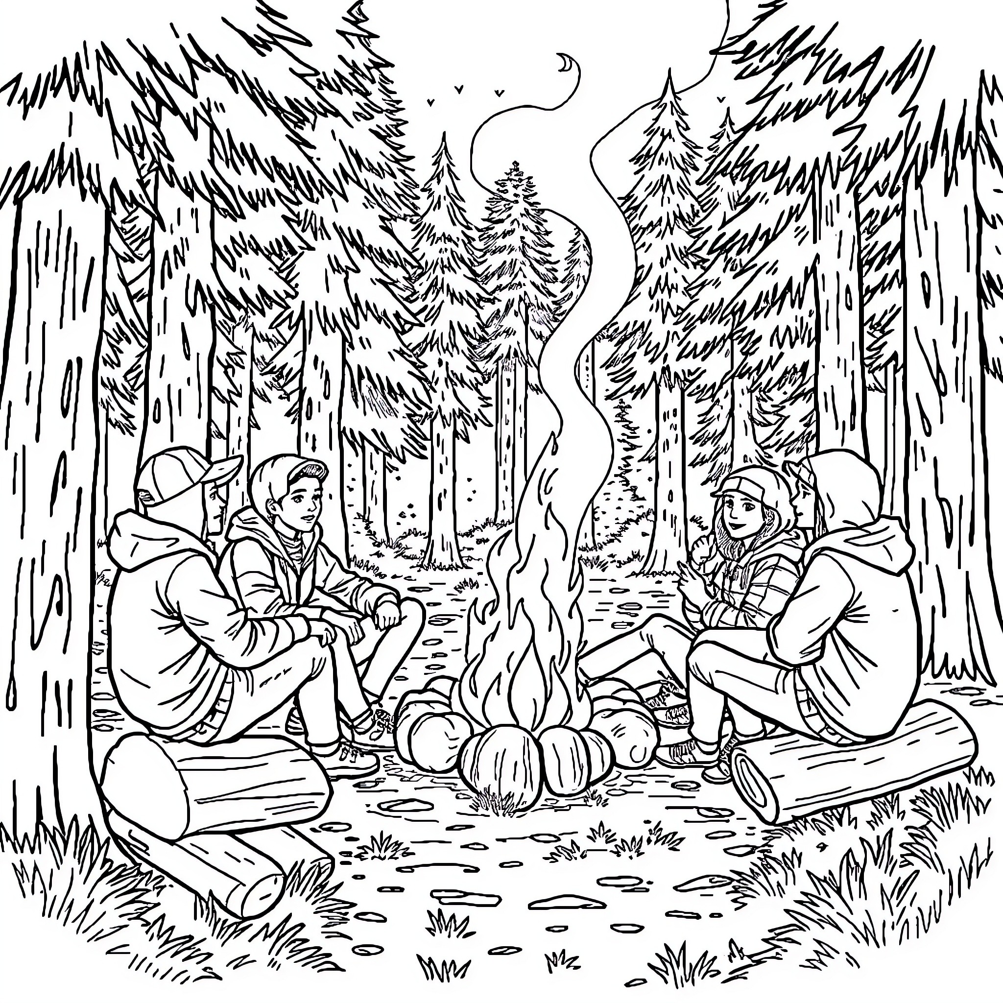 Camping friends around the cozy campfire Coloring Page (free black-and-white line drawing printable PDF for all, from beginners to advanced learners, including children, teens, adults, and seniors)