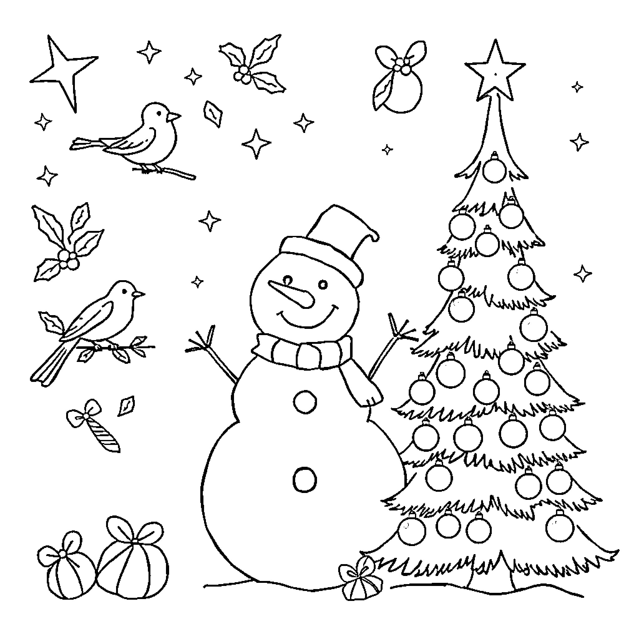 Christmas Shape Snowman and Birds Coloring Page (free black-and-white line drawing printable PDF for all, from beginners to advanced learners, including children, teens, adults, and seniors)