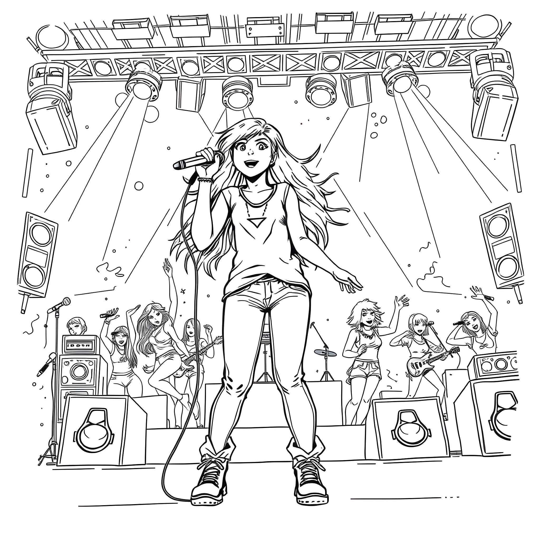 Teenage Girl Rock Star Performing on Stage Coloring Page (free black-and-white line drawing printable PDF for all, from beginners to advanced learners, including children, teens, adults, and seniors)