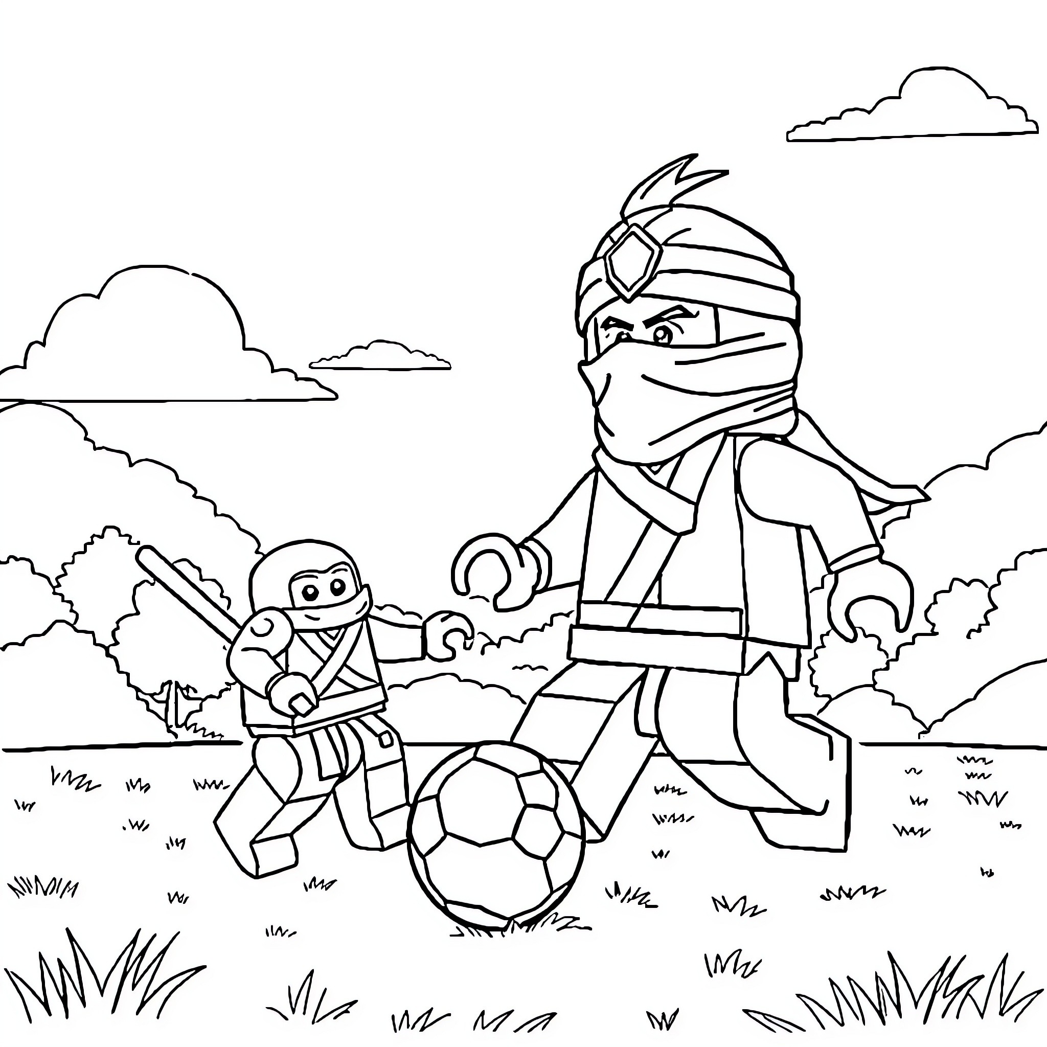 Carapuce playing soccer with masked ninja warrior Coloring Page (free black-and-white line drawing printable PDF for all, from beginners to advanced learners, including children, teens, adults, and seniors)