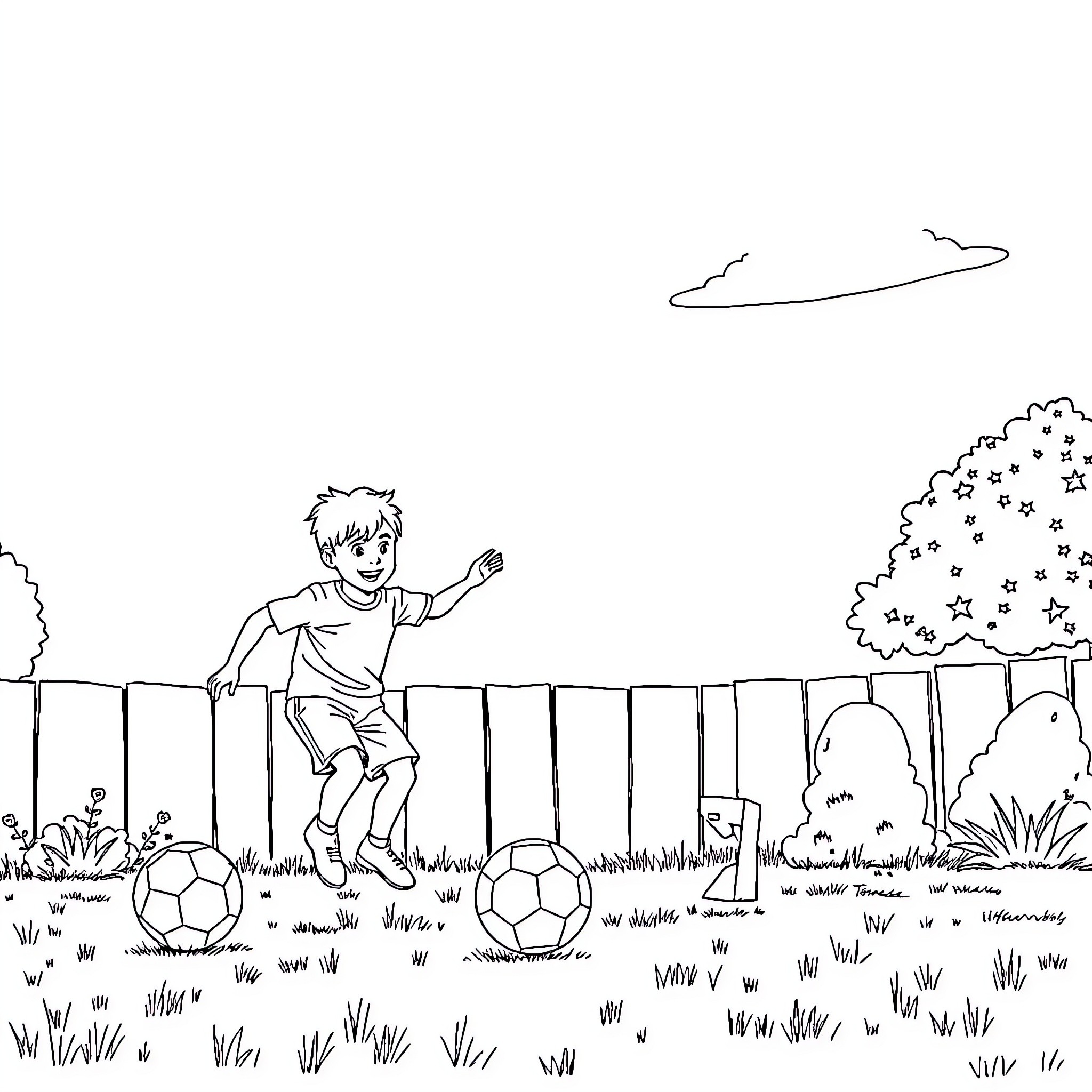 Father playing soccer with child in backyard Coloring Page (free black-and-white line drawing printable PDF for all, from beginners to advanced learners, including children, teens, adults, and seniors)