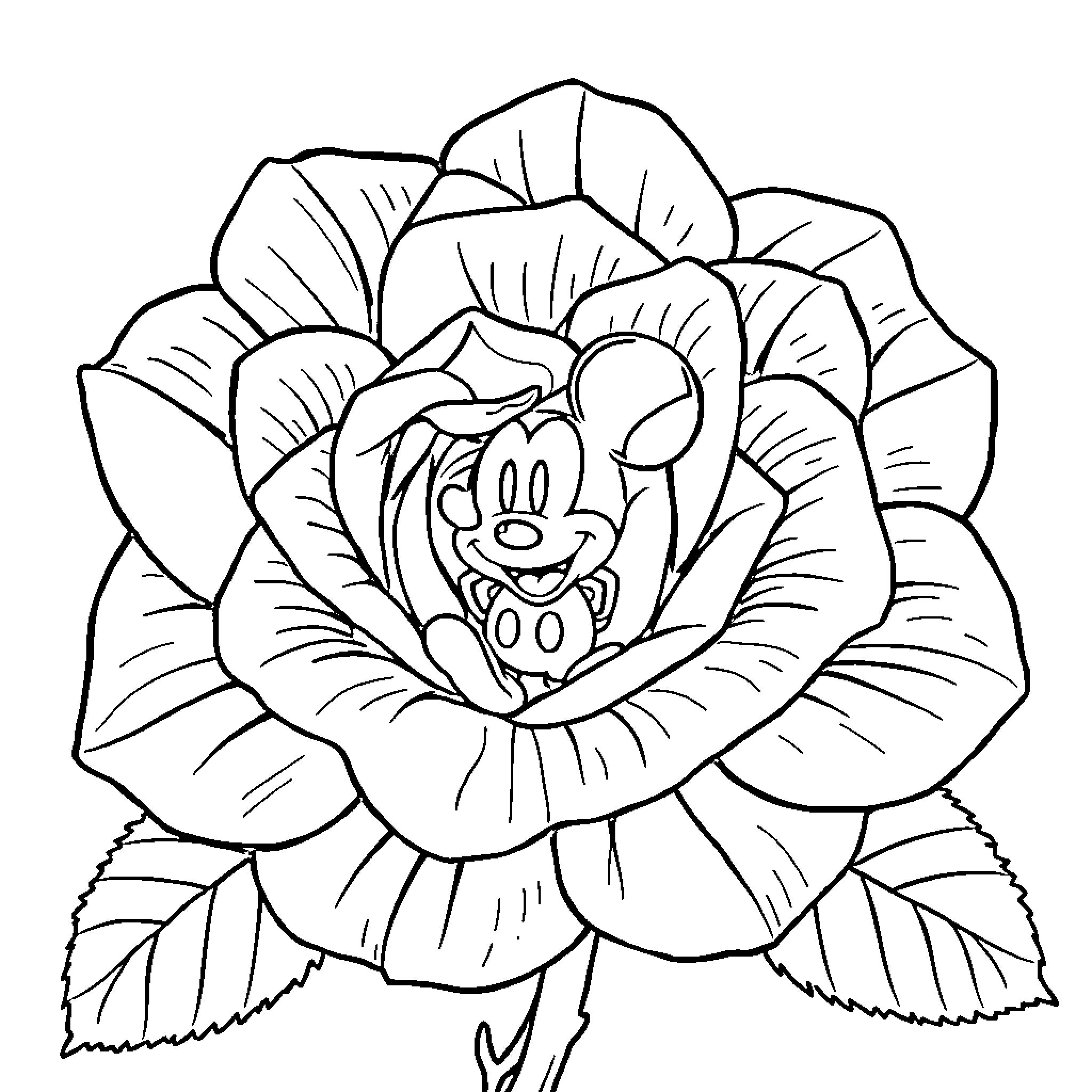 Rose with Playful Mickey Mouse Design Coloring Page (free black-and-white line drawing printable PDF for all, from beginners to advanced learners, including children, teens, adults, and seniors)