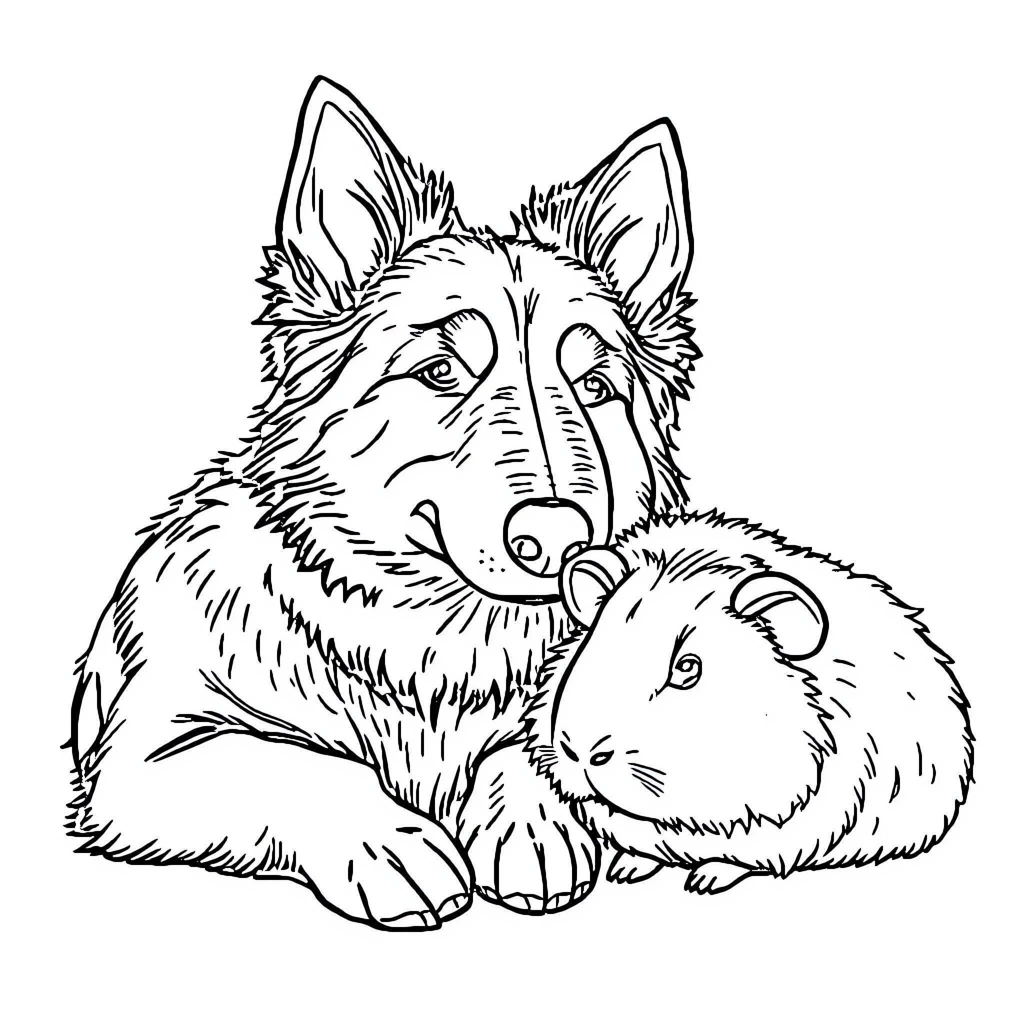 Blue Heeler and Guinea Pig Companions Coloring Page (free black-and-white line drawing printable PDF for all, from beginners to advanced learners, including children, teens, adults, and seniors)