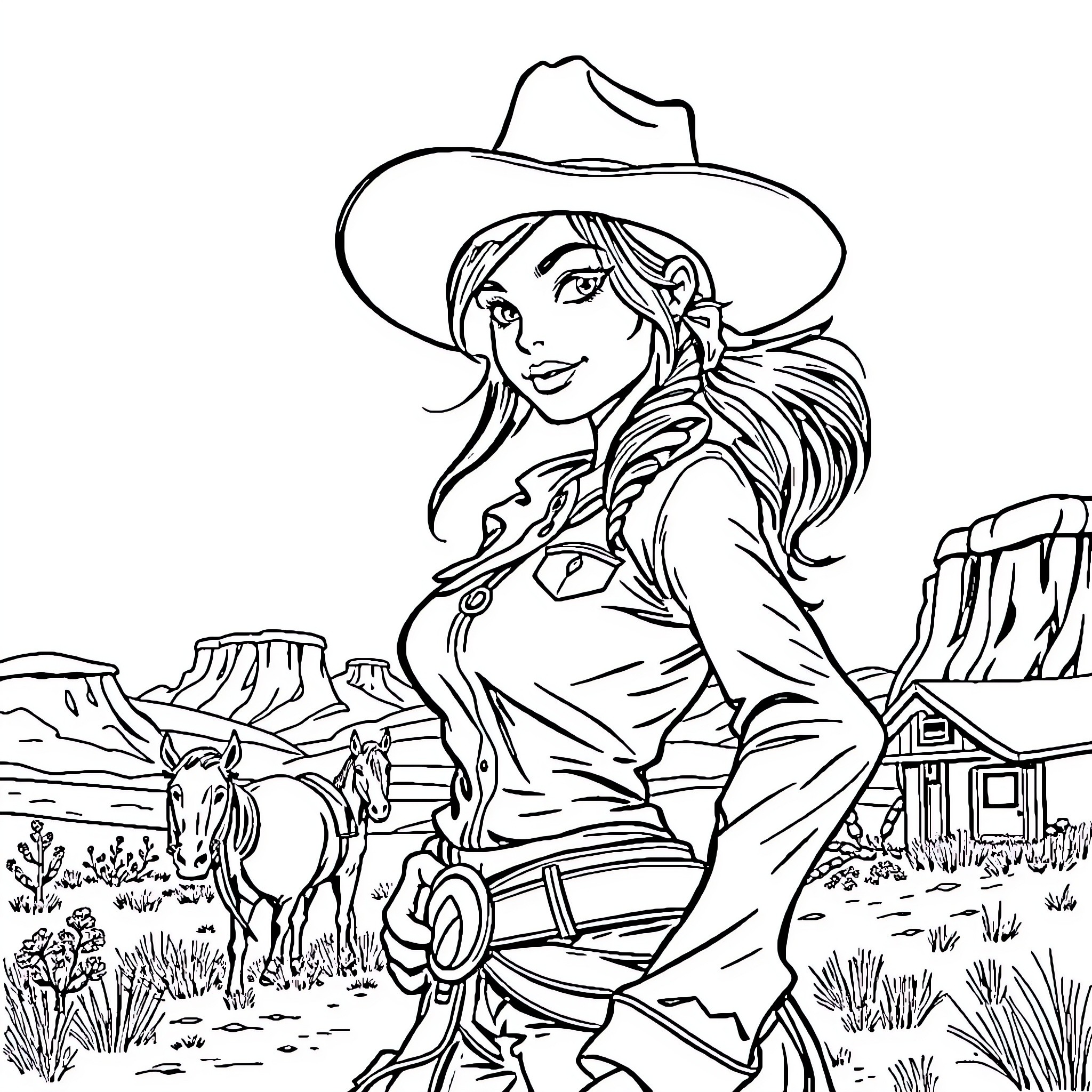 Cowgirl exploring the Western landscape Coloring Page (free black-and-white line drawing printable PDF for all, from beginners to advanced learners, including children, teens, adults, and seniors)
