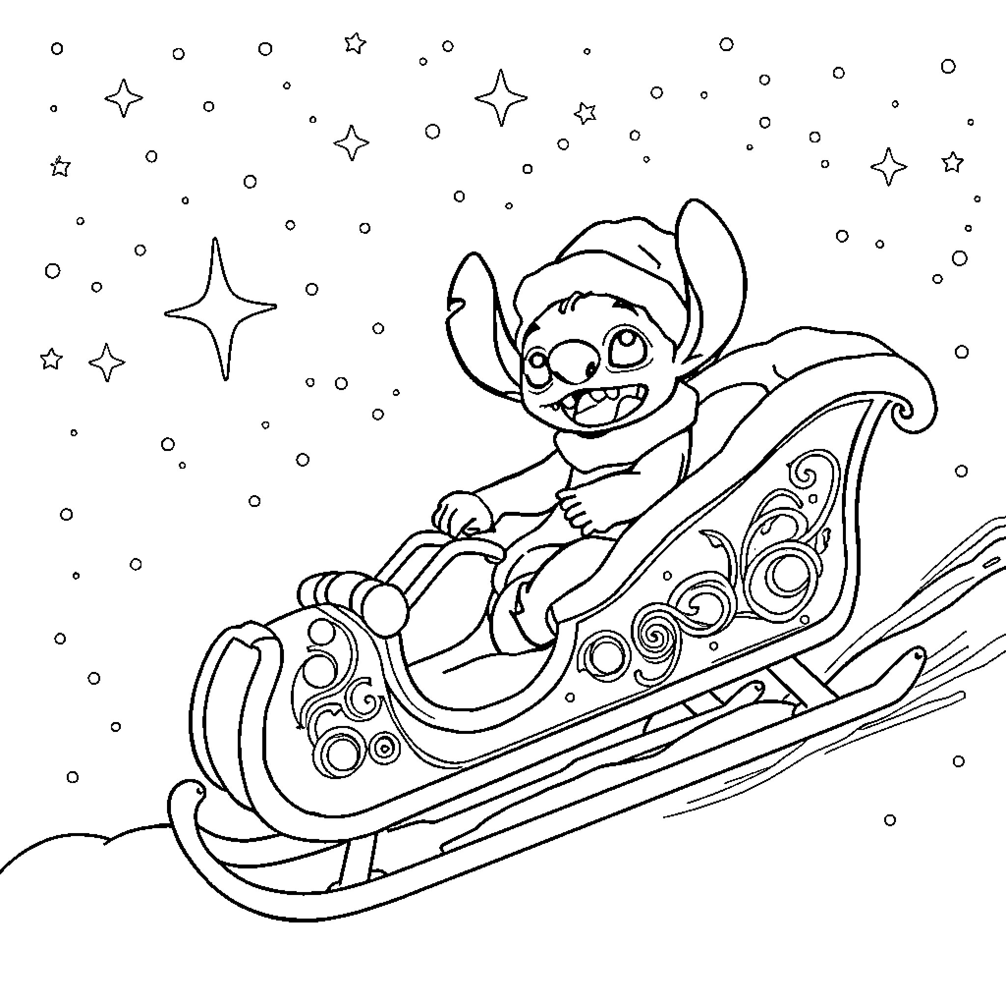 Stitch riding a sleigh under the starry night Coloring Page (free black-and-white line drawing printable PDF for all, from beginners to advanced learners, including children, teens, adults, and seniors)