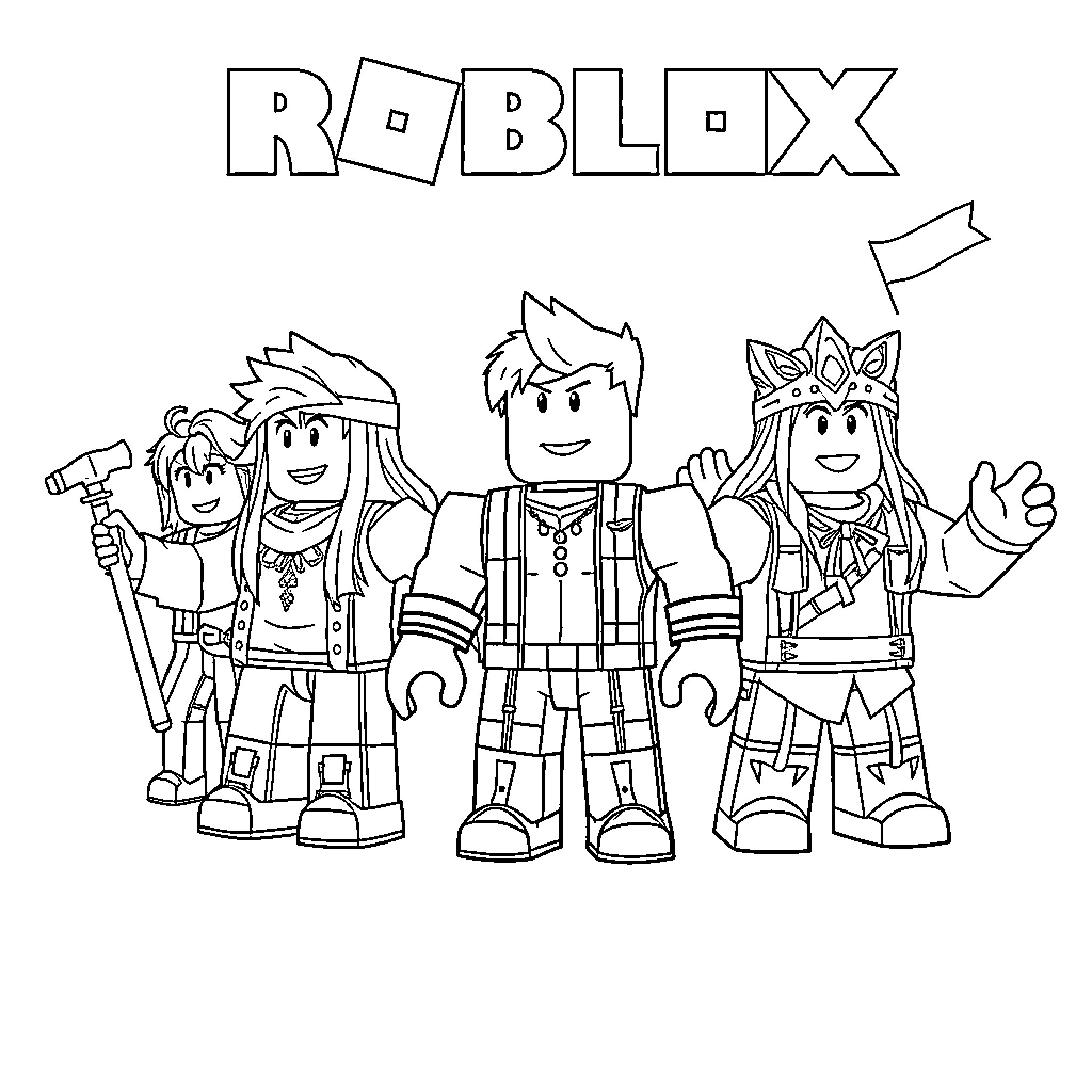 Roblox Characters Engaging in Various Poses and Expressions Coloring Page (free black-and-white line drawing printable PDF for all, from beginners to advanced learners, including children, teens, adults, and seniors)