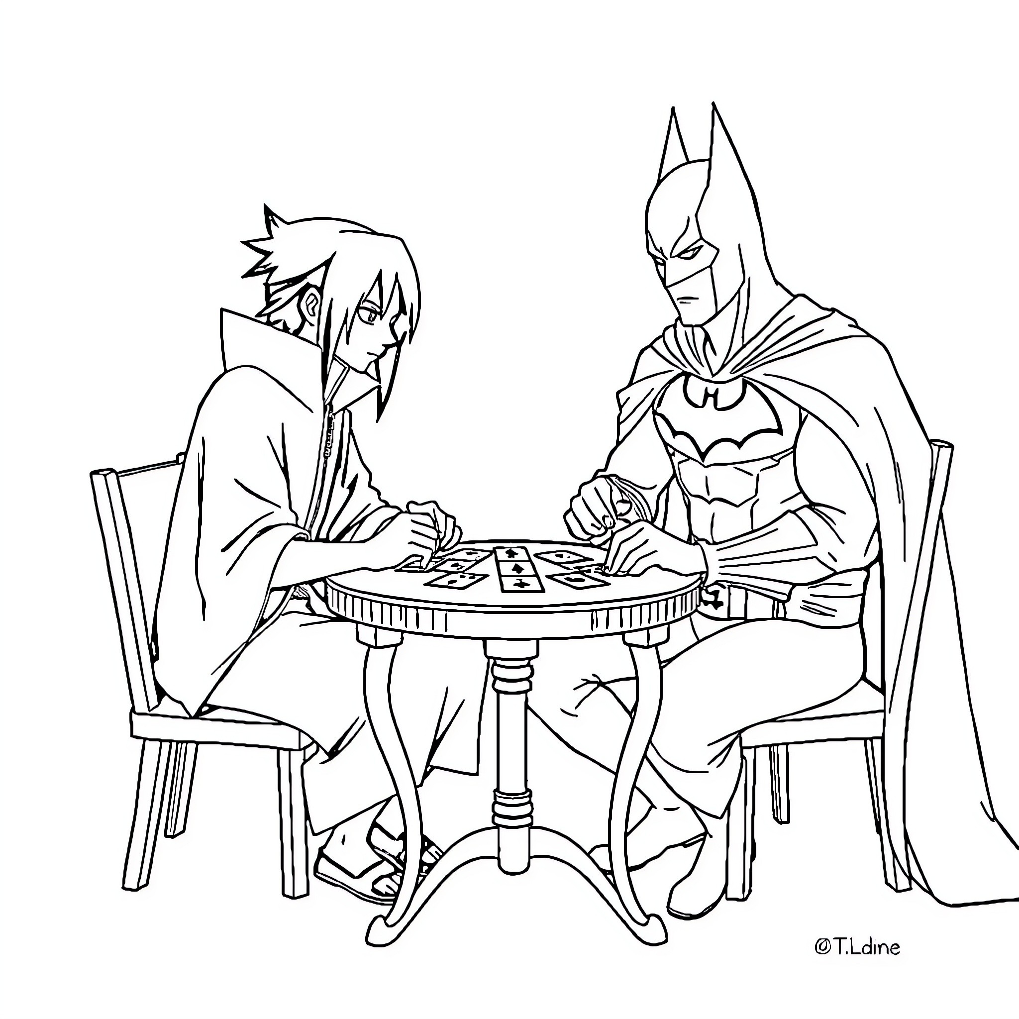 Itachi Uchiha playing strategy game with Batman Coloring Page (free black-and-white line drawing printable PDF for all, from beginners to advanced learners, including children, teens, adults, and seniors)