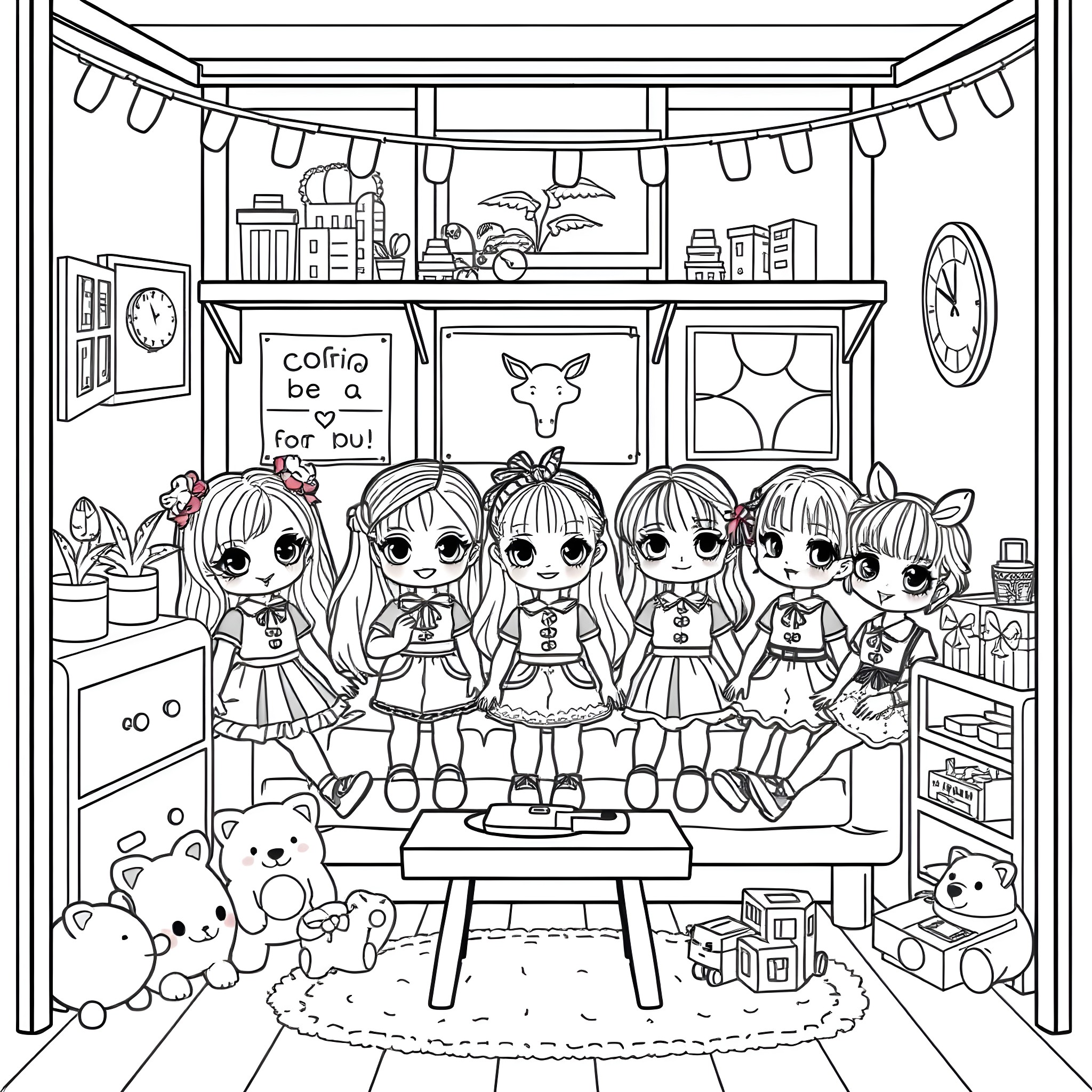 Doll friends gather for a playful party Coloring Page (free black-and-white line drawing printable PDF for all, from beginners to advanced learners, including children, teens, adults, and seniors)