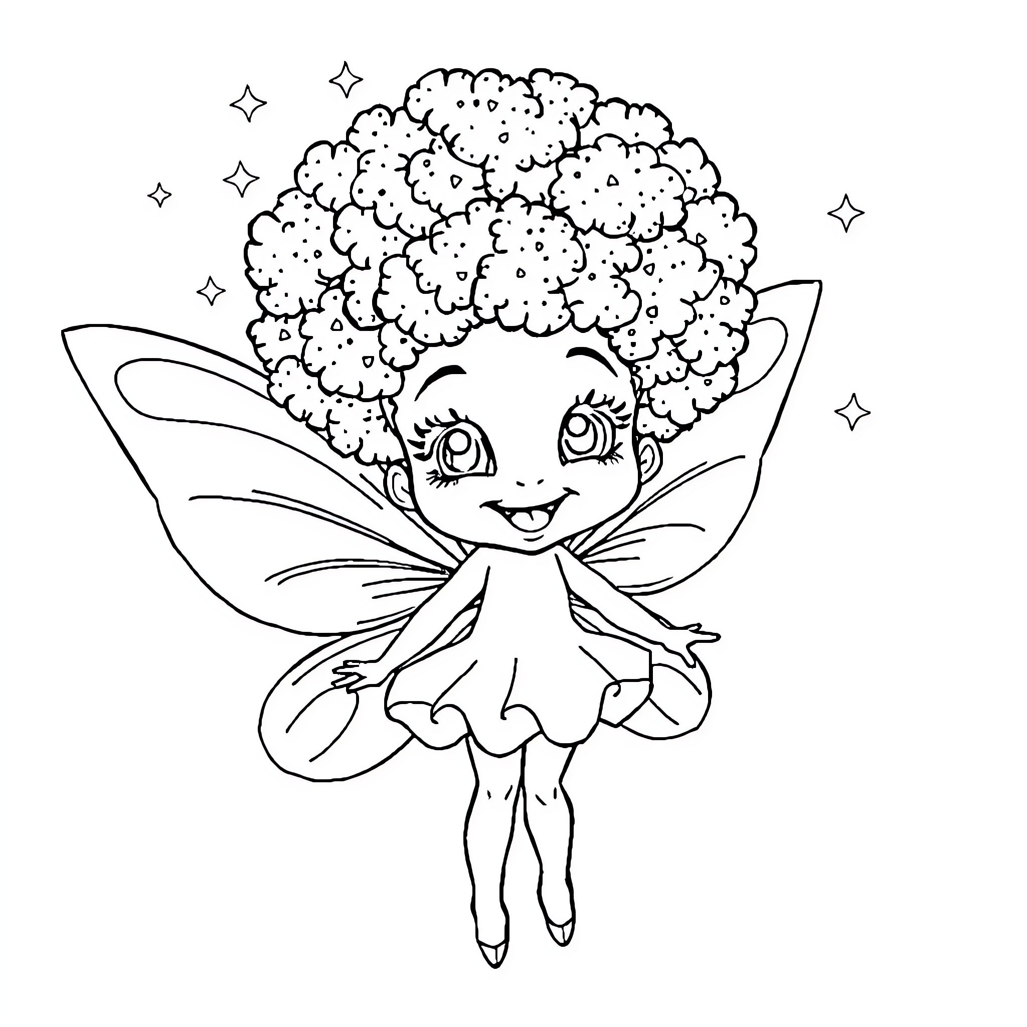 Fairy Enchantress with Fluffy Hair and Butterfly Wings Coloring Page (free black-and-white line drawing printable PDF for all, from beginners to advanced learners, including children, teens, adults, and seniors)