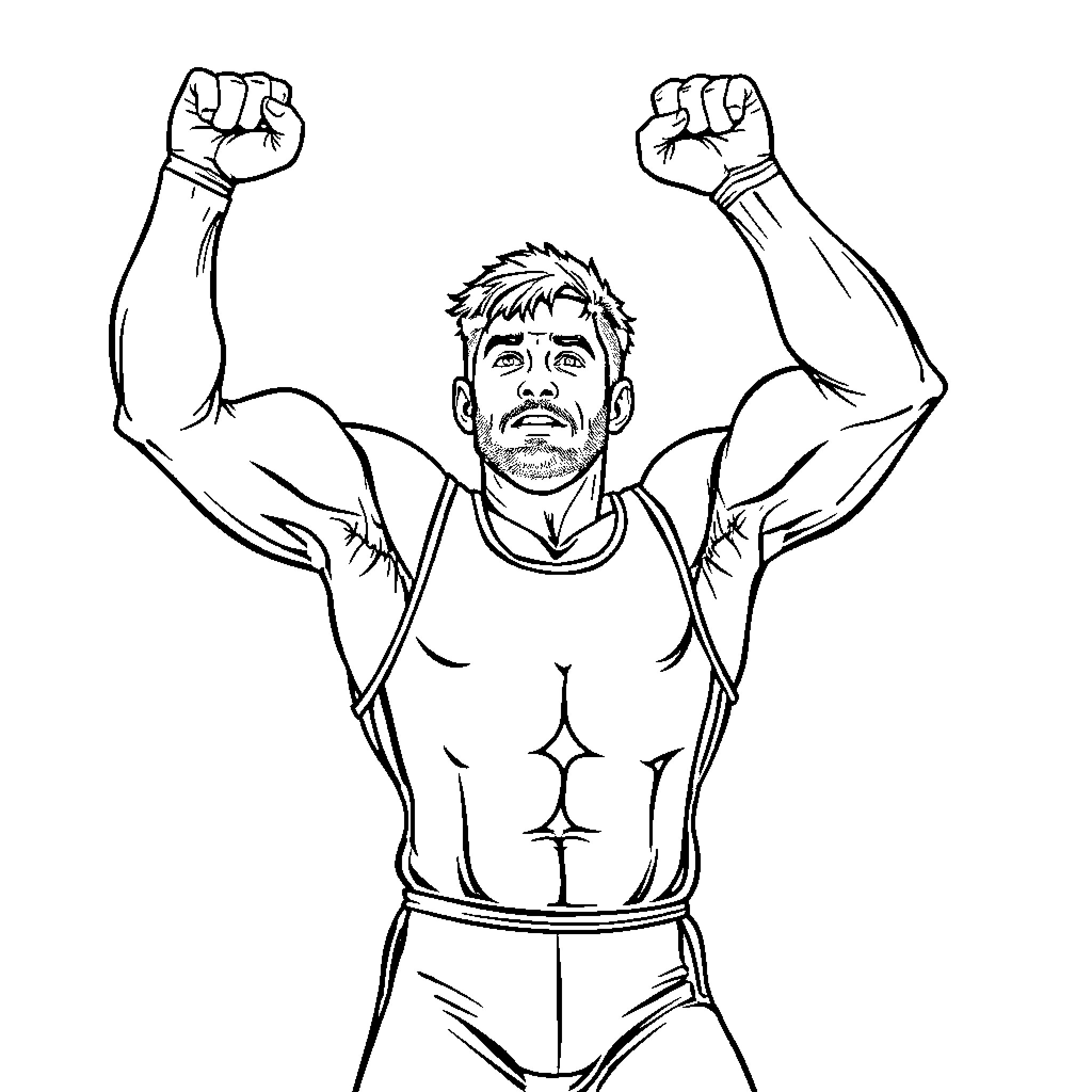 Wrestler celebrating victory with raised arms Coloring Page (free black-and-white line drawing printable PDF for all, from beginners to advanced learners, including children, teens, adults, and seniors)