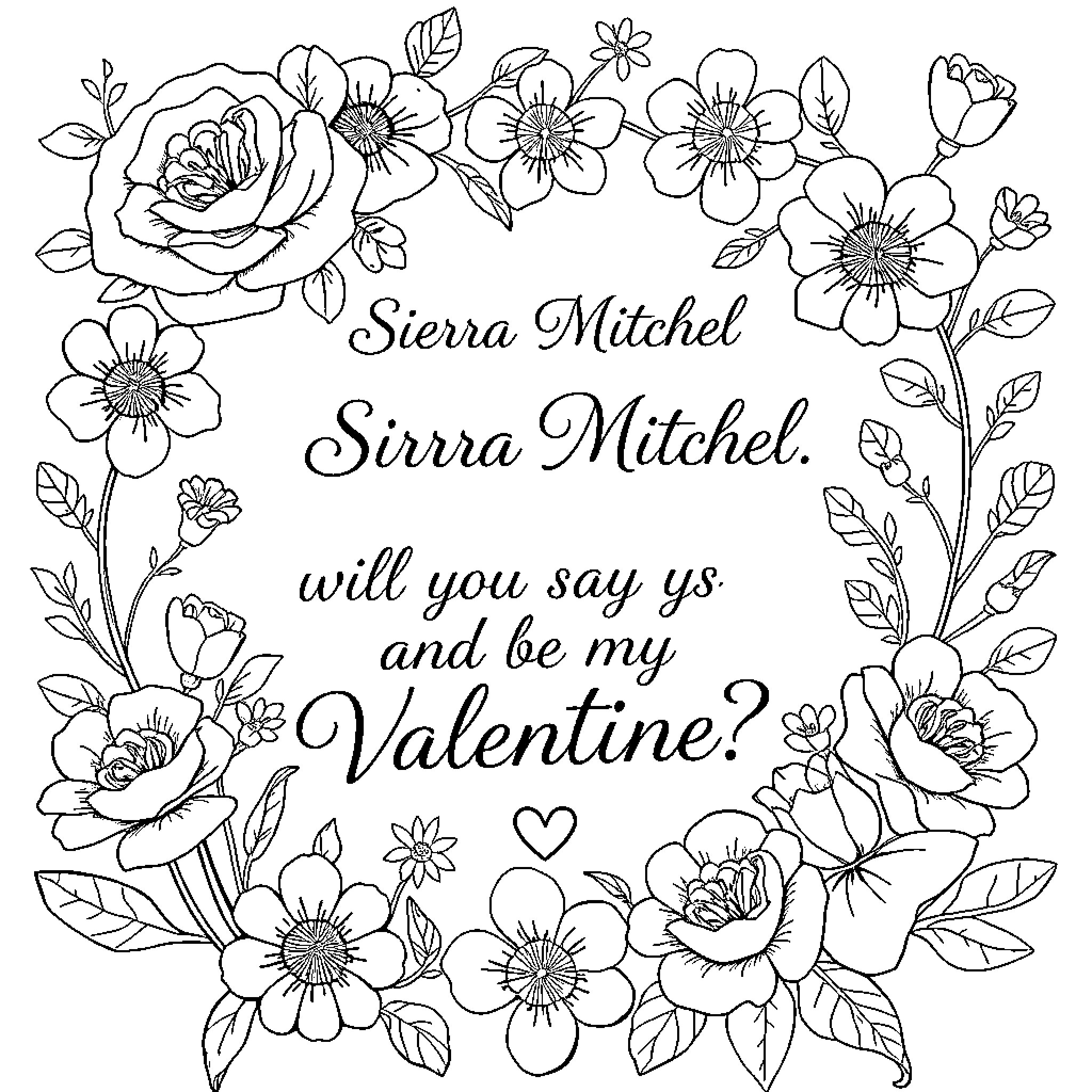 Flowers in a floral frame with romantic message Coloring Page (free black-and-white line drawing printable PDF for all, from beginners to advanced learners, including children, teens, adults, and seniors)