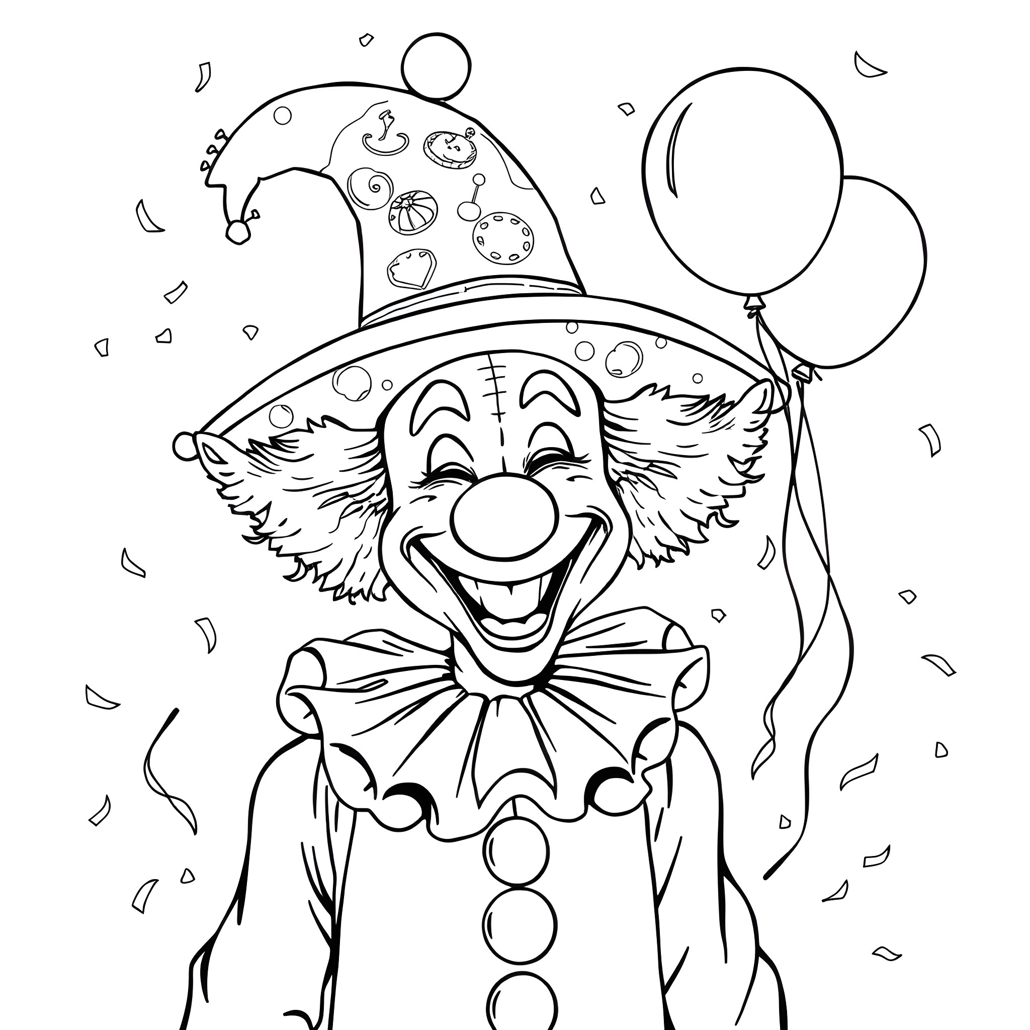 Clown with Balloons in Festive Attire Coloring Page (free black-and-white line drawing printable PDF for all, from beginners to advanced learners, including children, teens, adults, and seniors)