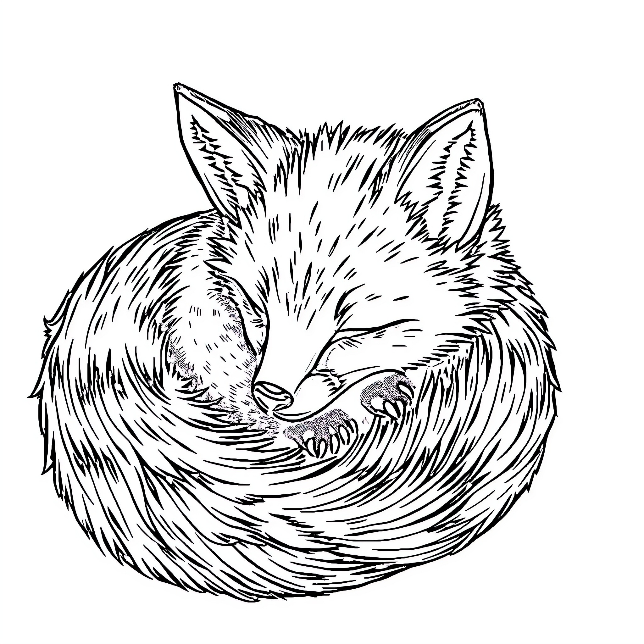 Fox curled up in a sleeping pose Coloring Page (free black-and-white line drawing printable PDF for all, from beginners to advanced learners, including children, teens, adults, and seniors)
