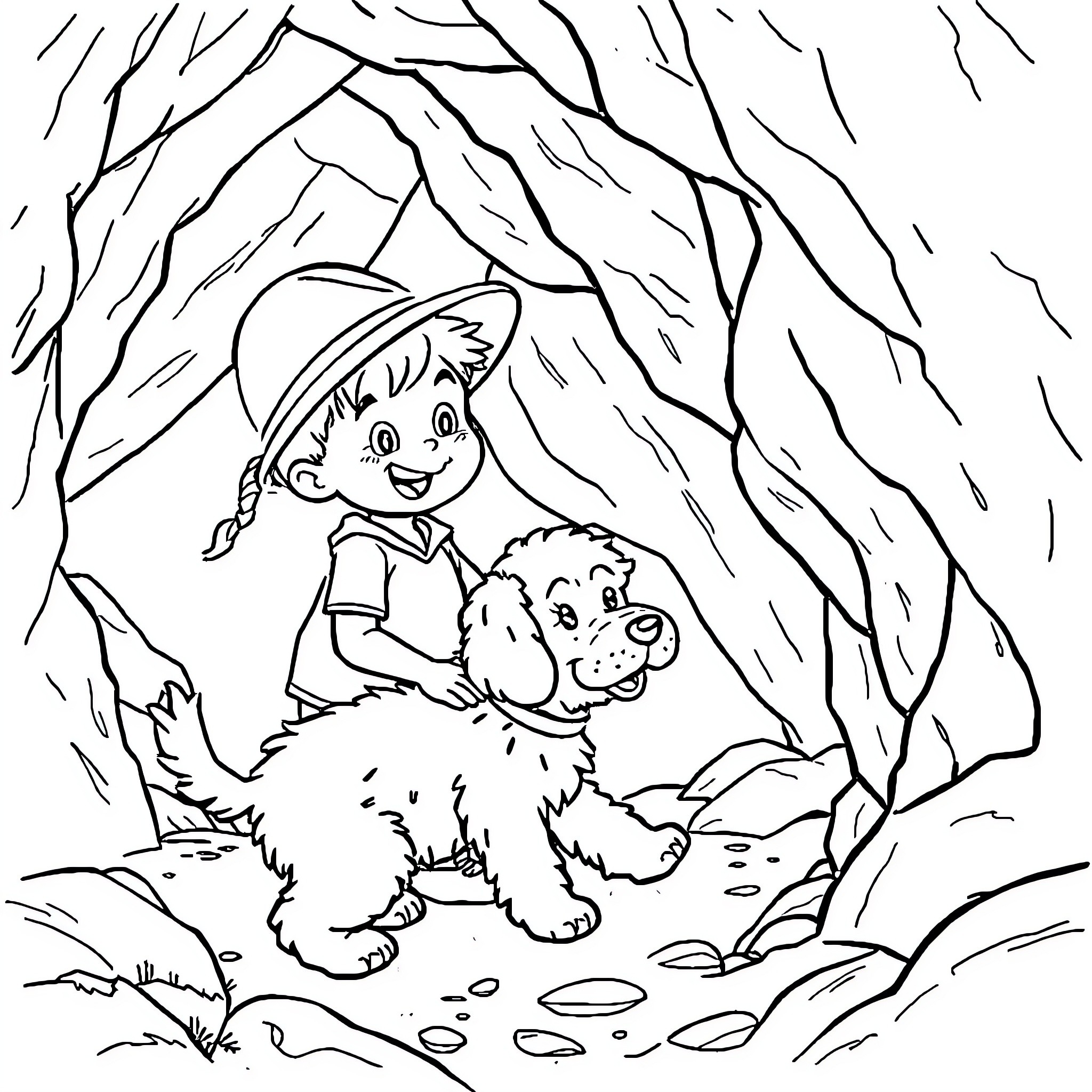 Dog and child exploring the forest Coloring Page (free black-and-white line drawing printable PDF for all, from beginners to advanced learners, including children, teens, adults, and seniors)