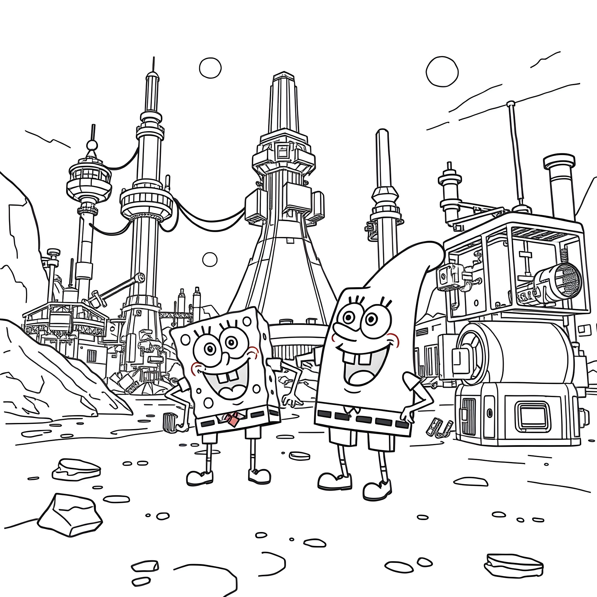 Spongebob and Patrick explore futuristic sci-fi cityscape Coloring Page (free black-and-white line drawing printable PDF for all, from beginners to advanced learners, including children, teens, adults, and seniors)